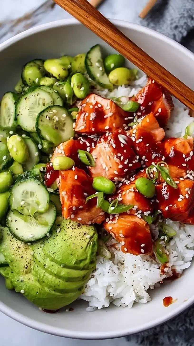 Delicious Honey Sriracha Salmon bowl topped with fresh vegetables and garnishes
