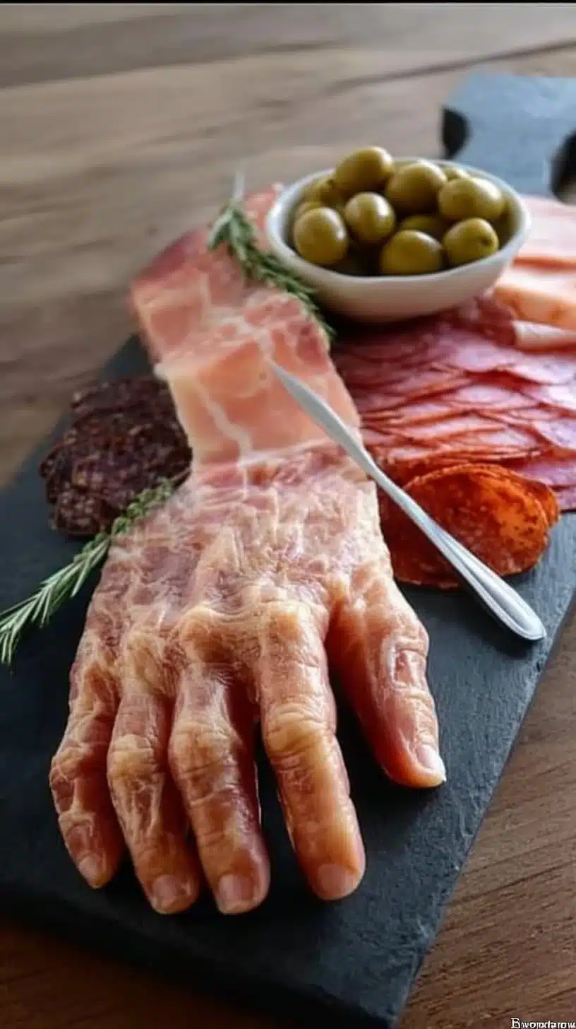Horrible Hand Ham and Cheese Board 1 Delicious Horrible Hand Ham and Cheese Board with selection of cheeses and meats
