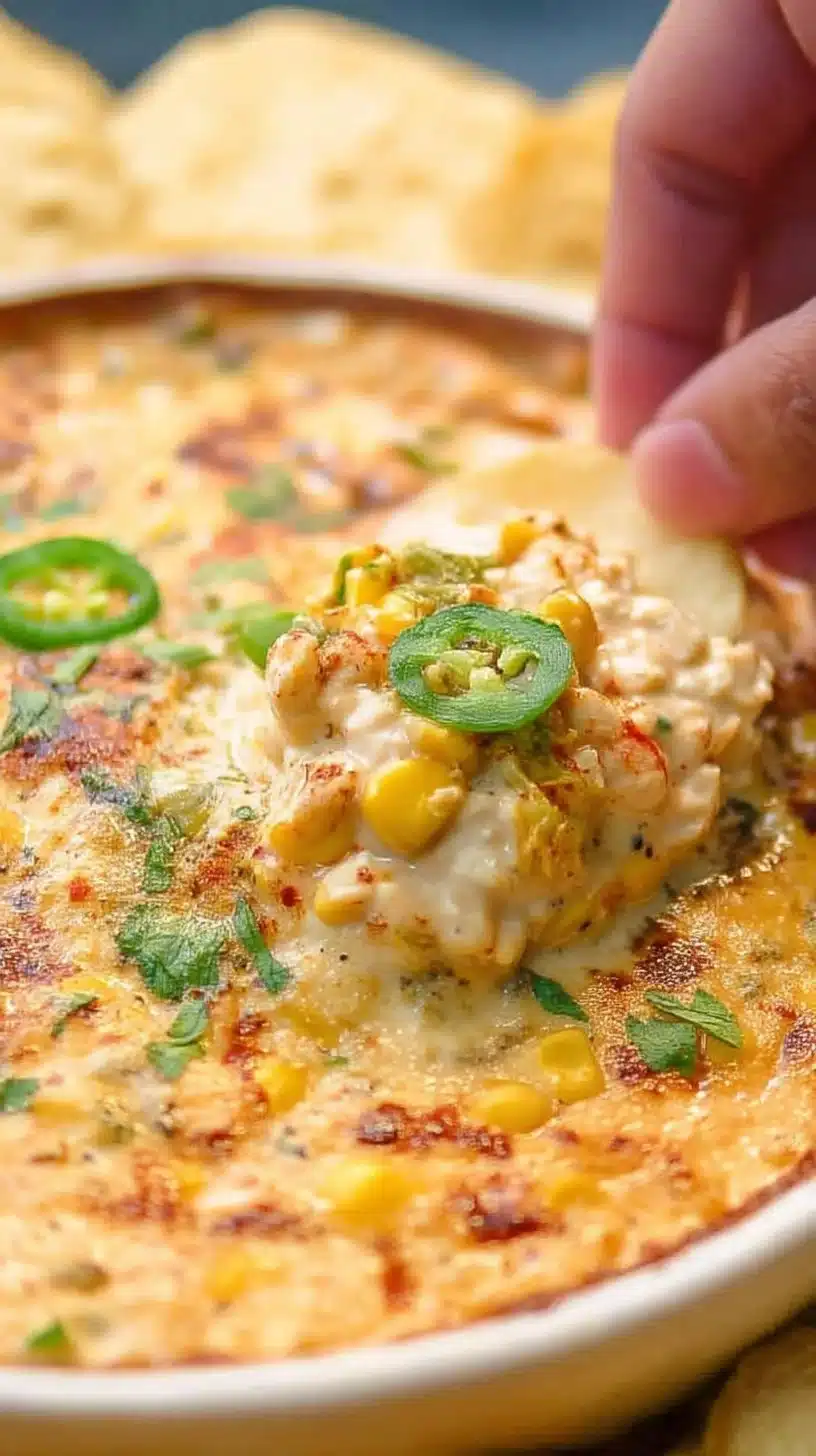 Hot Corn Dip Recipe 1 Delicious hot corn dip served in a bowl with tortilla chips