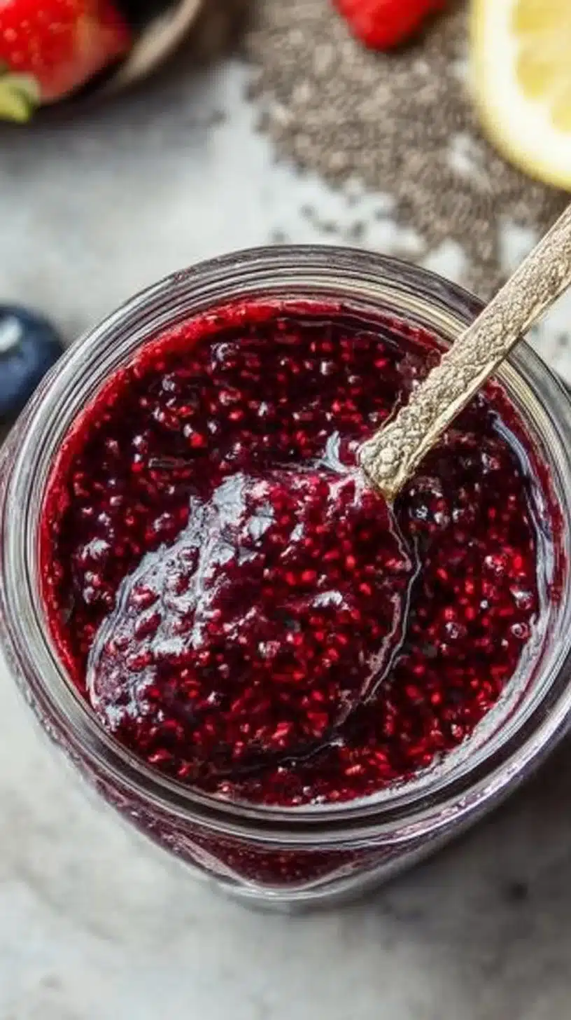How to Make Chia Seed Jam 1 Homemade chia seed jam with fresh fruits in a jar