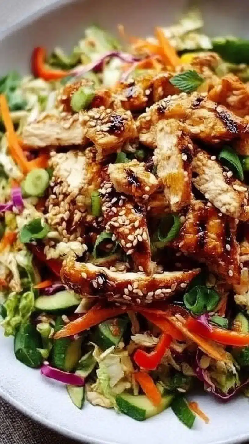 Incredible Sesame Chicken Salad: An Amazing Ultimate Recipe 1 A delicious bowl of sesame chicken salad topped with fresh vegetables and sesame seeds.