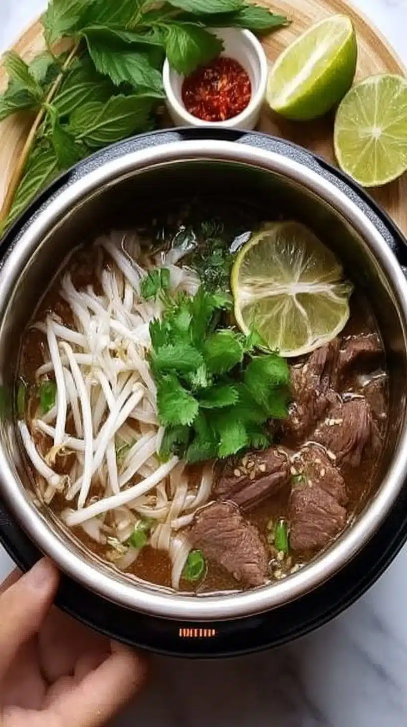 Instant Pot Vietnamese Beef Pho 1 Bowl of Instant Pot Vietnamese beef pho with fresh herbs and lime