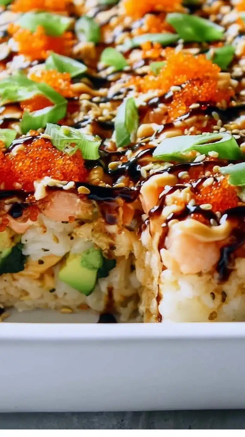 Irresistibly Easy Sushi Bake: Deconstructed Delight Awaits 1 Deliciously baked sushi casserole topped with fresh ingredients.