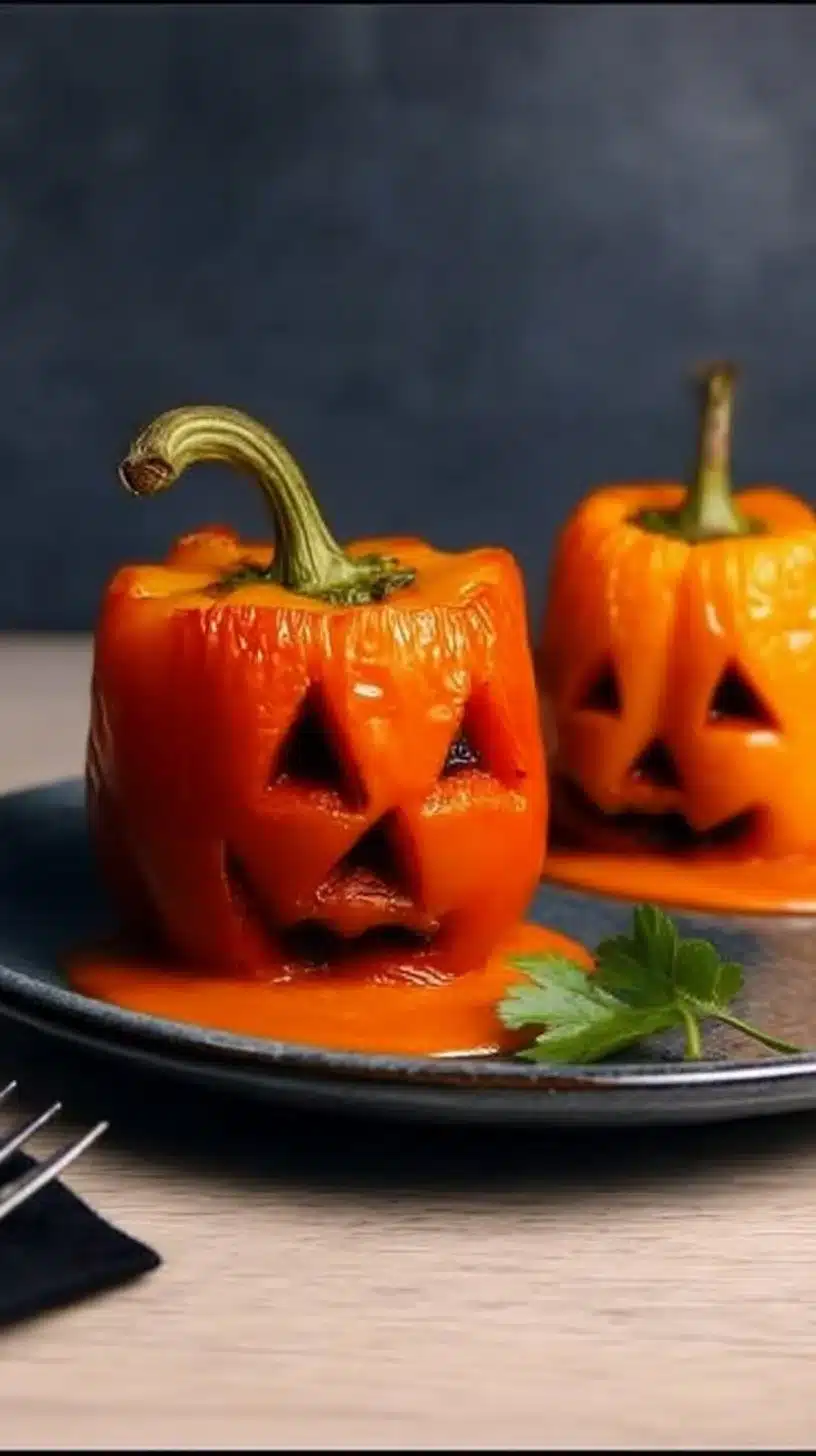 Jack-o'-Lantern Stuffed Peppers 1 Colorful Jack-o'-Lantern stuffed peppers displayed on a Halloween-themed table