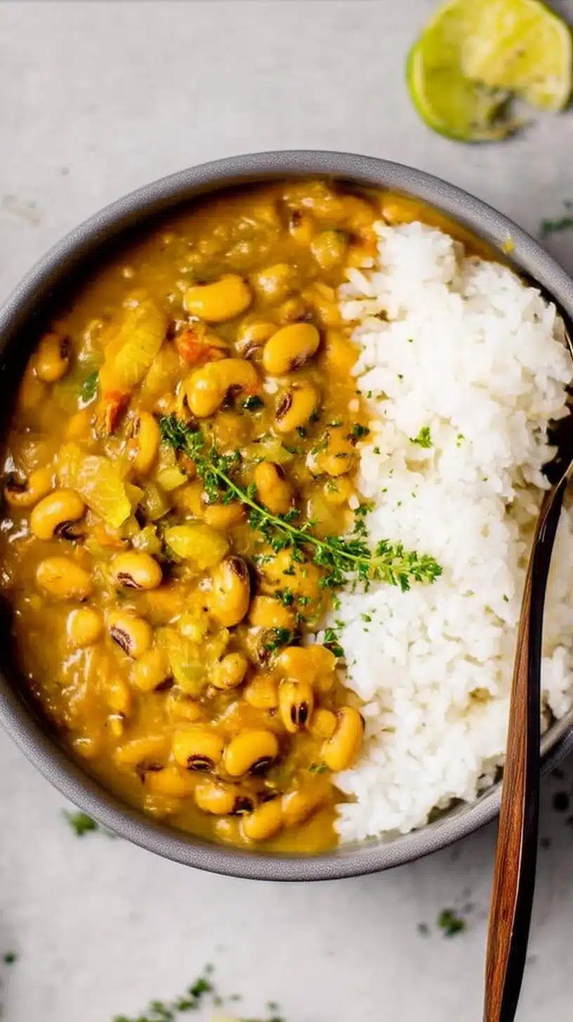 Jamaican Black-eyed Pea Curry 1 Delicious Jamaican Black-eyed Pea Curry served with rice and vegetables.