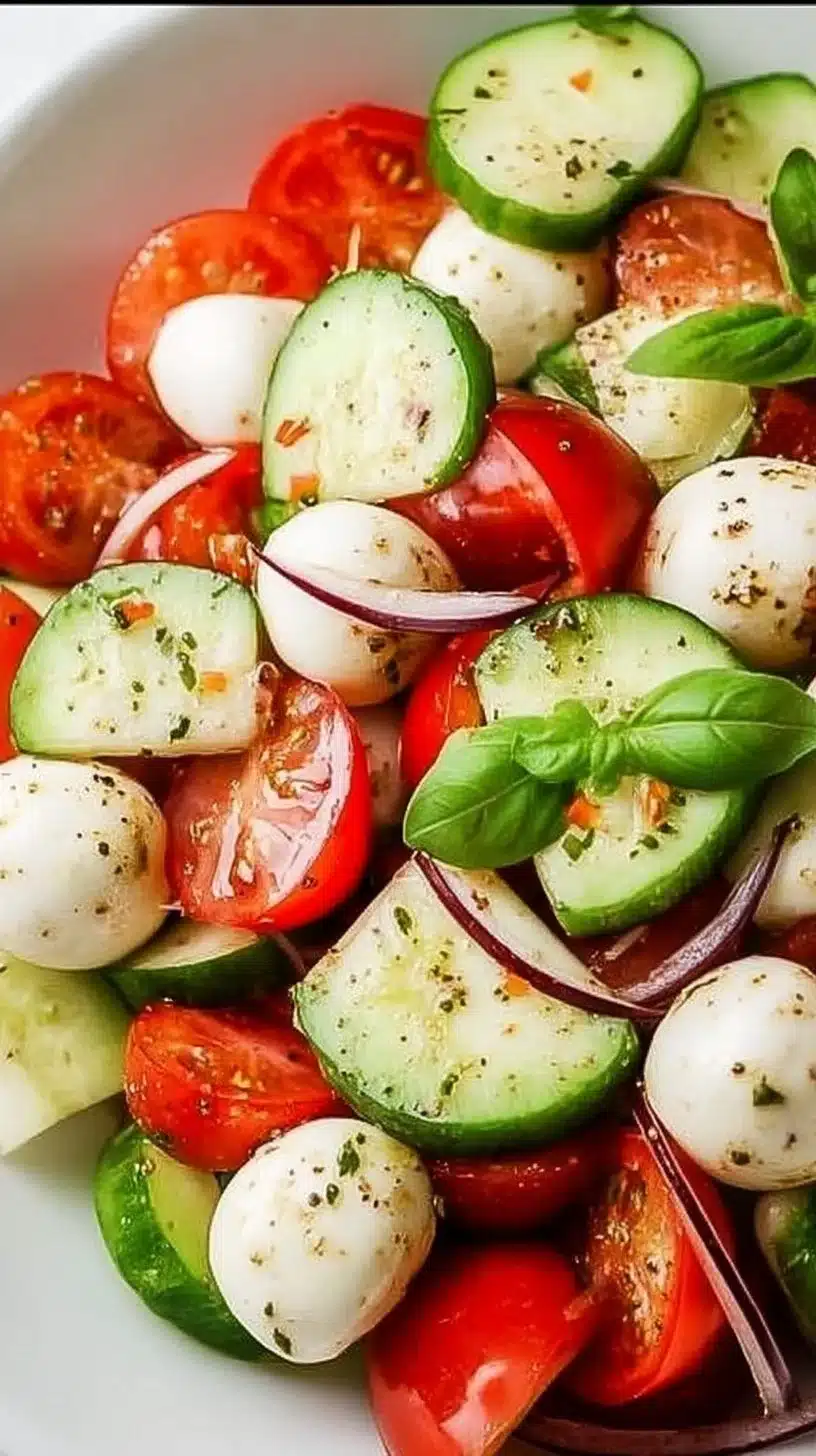 Juicy Cucumber Caprese Salad with cucumbers, tomatoes, and mozzarella cheese