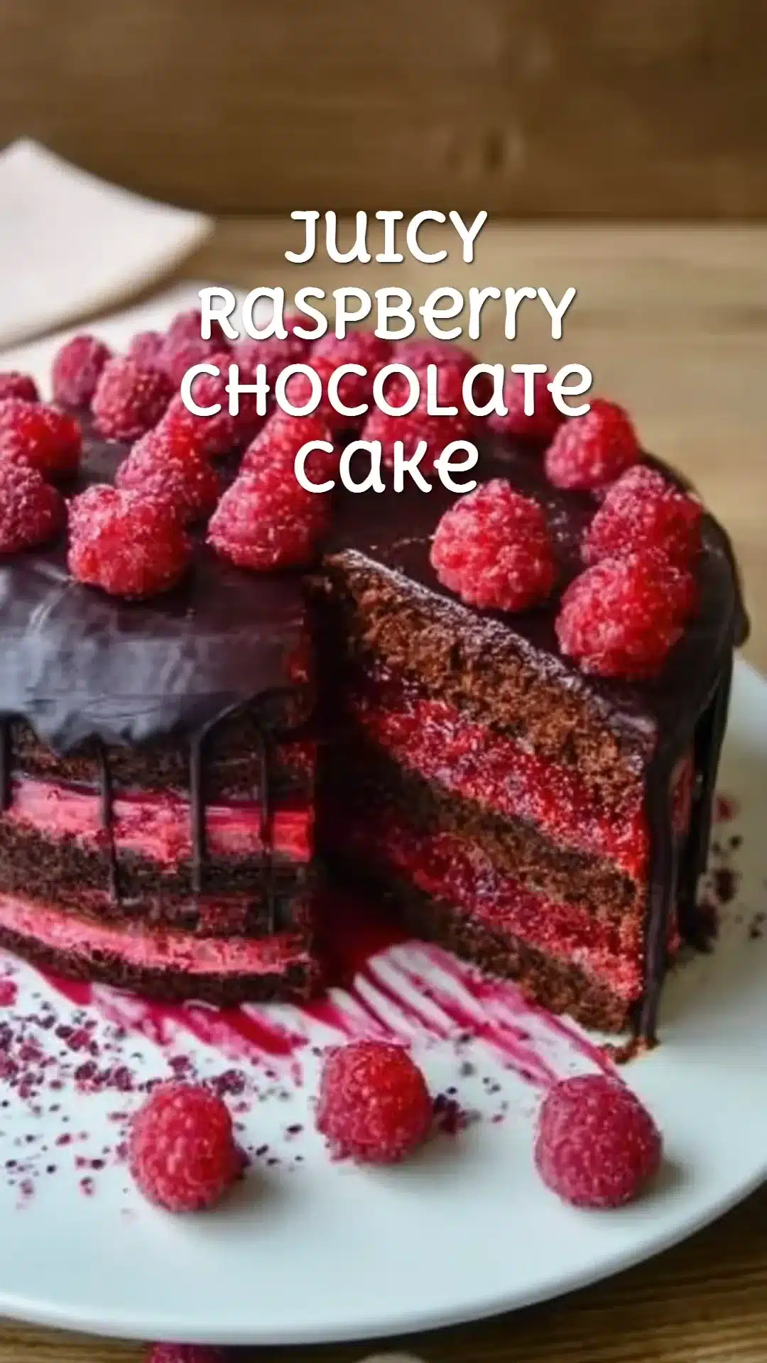 Juicy raspberry chocolate cake topped with fresh raspberries and chocolate drizzle.