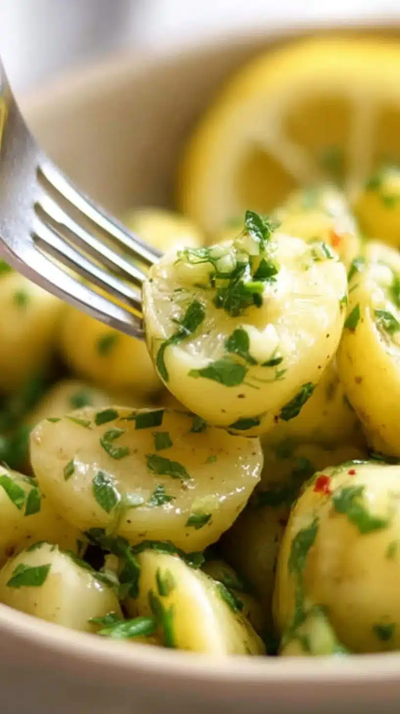 Lemon Potato Salad Recipe 1 Freshly made Lemon Potato Salad garnished with herbs in a bowl