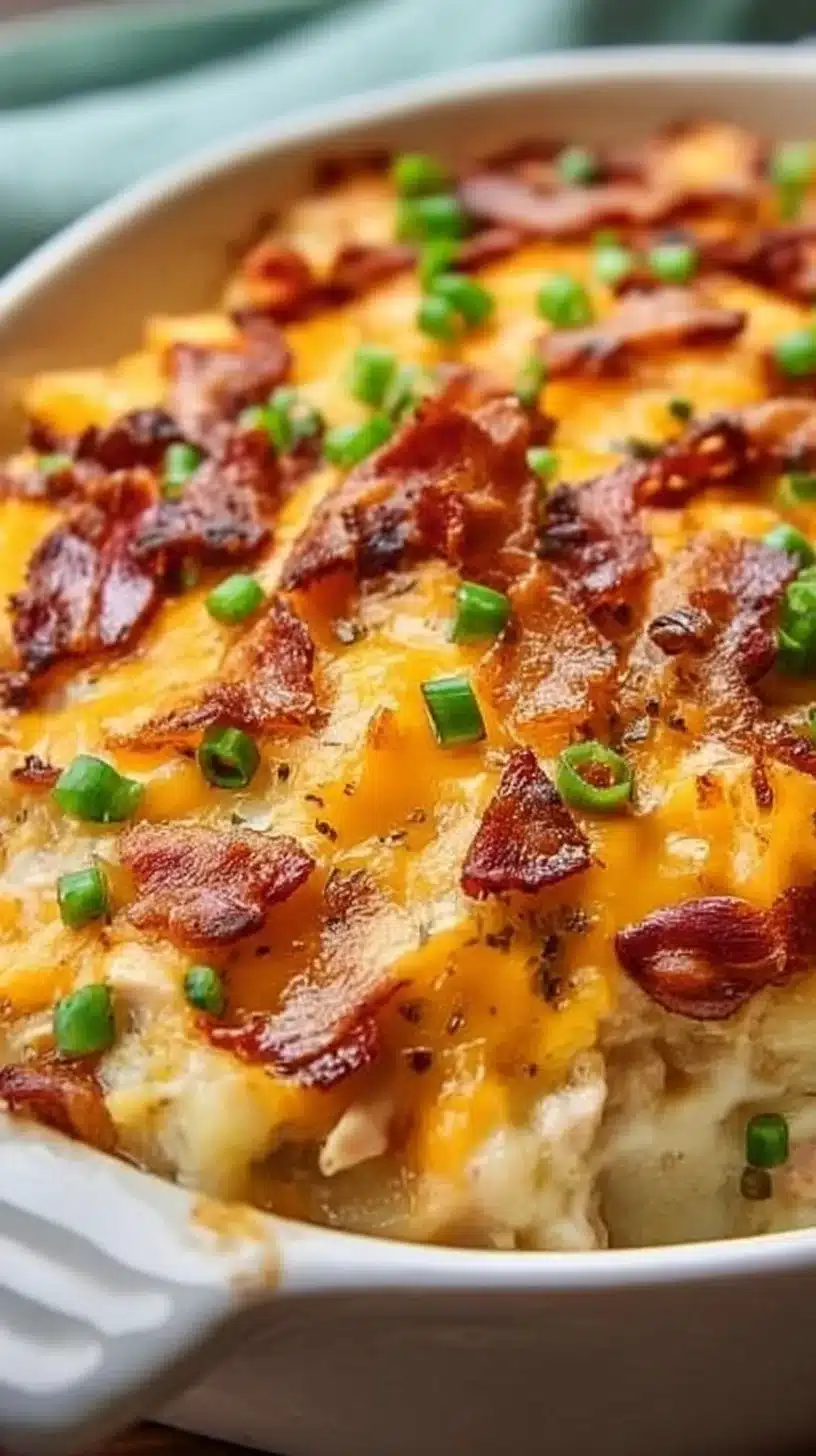 Creamy loaded potato ranch chicken casserole topped with cheese and herbs.