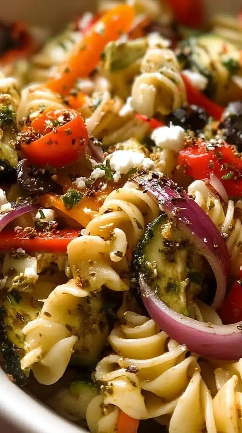 Colorful marinated vegetarian pasta salad with fresh vegetables and herbs