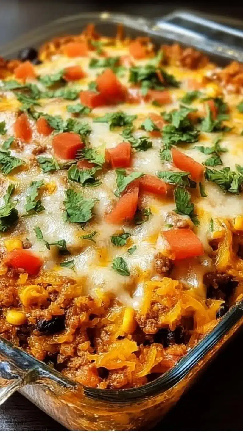 Mexican Spaghetti Squash Casserole 1 Mexican spaghetti squash casserole with colorful toppings in a baking dish