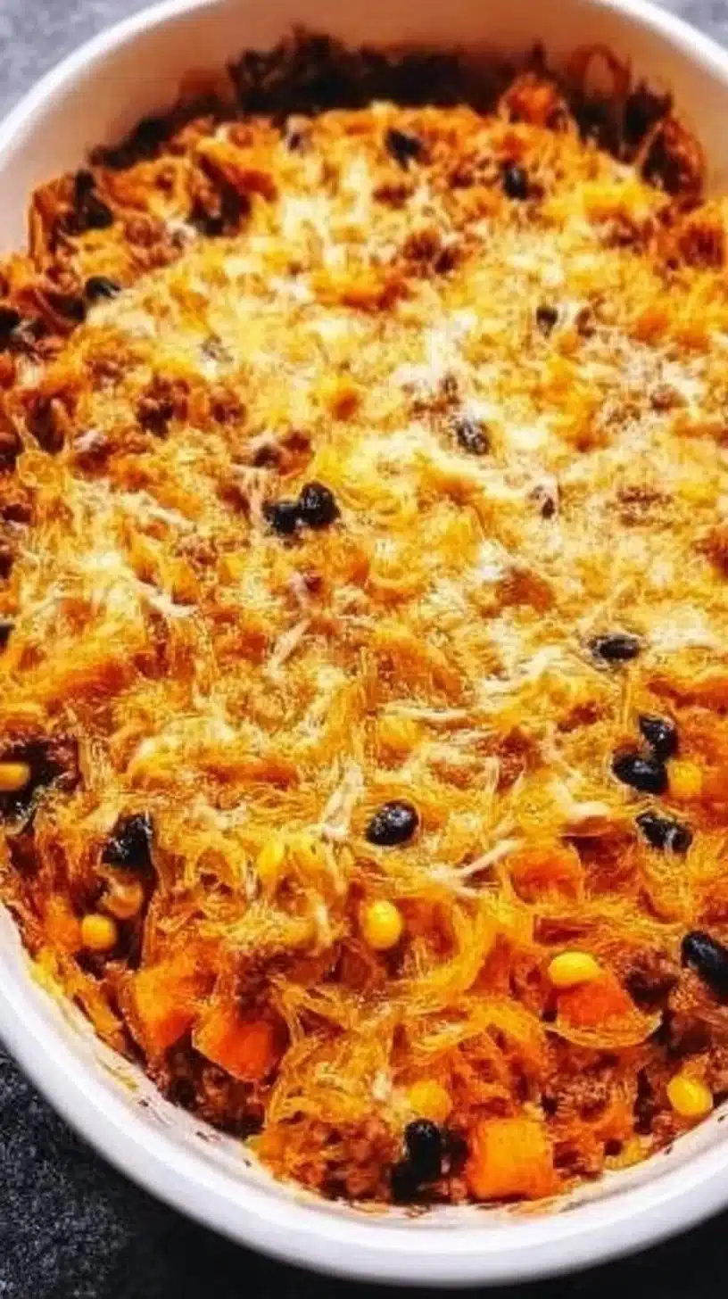 A delicious Mexican Spaghetti Squash Casserole topped with cheese and garnished.
