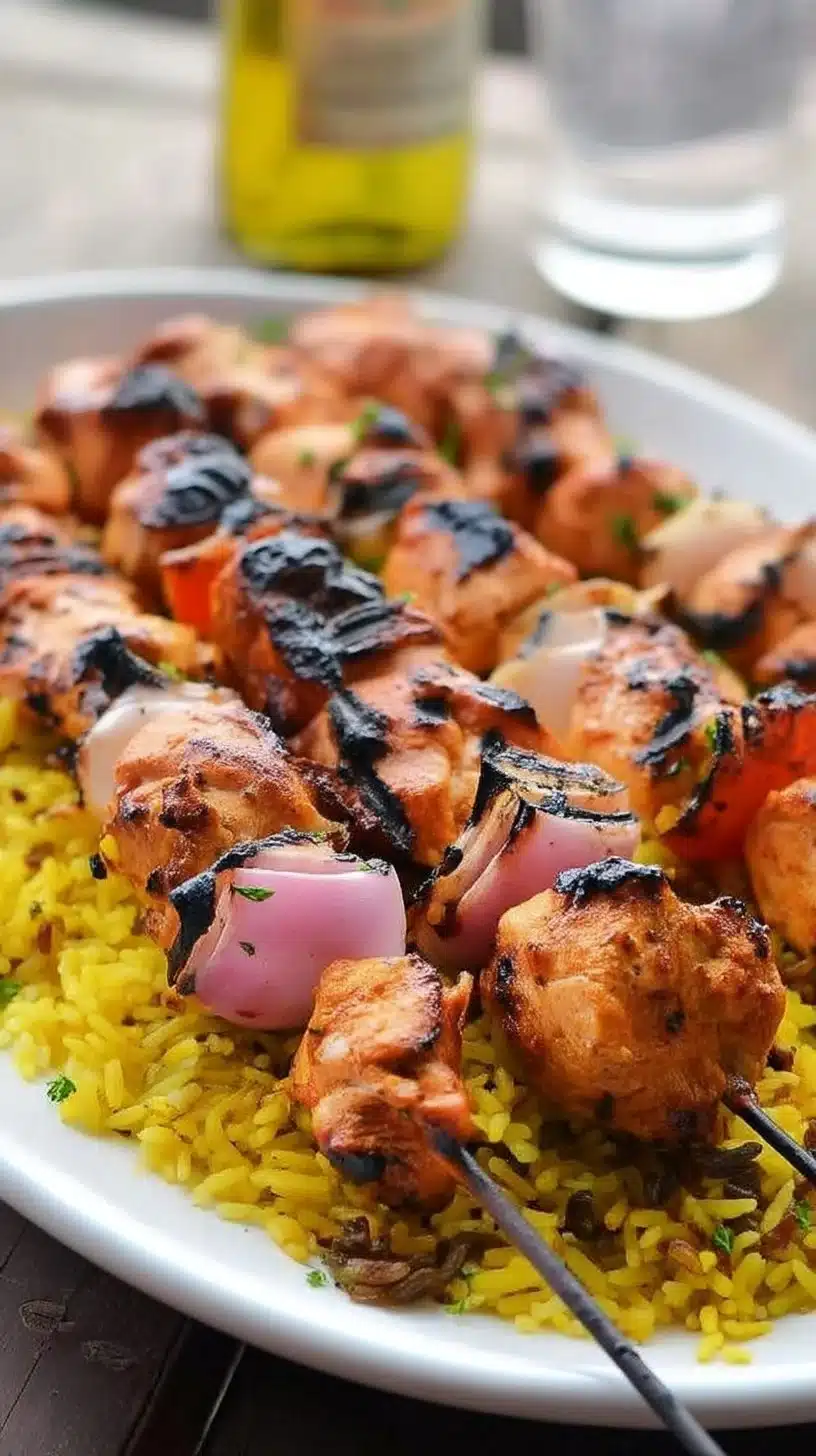 Middle Eastern-Style Grilled Chicken Kabobs 1 Middle Eastern-style grilled chicken kabobs served on skewers with spices