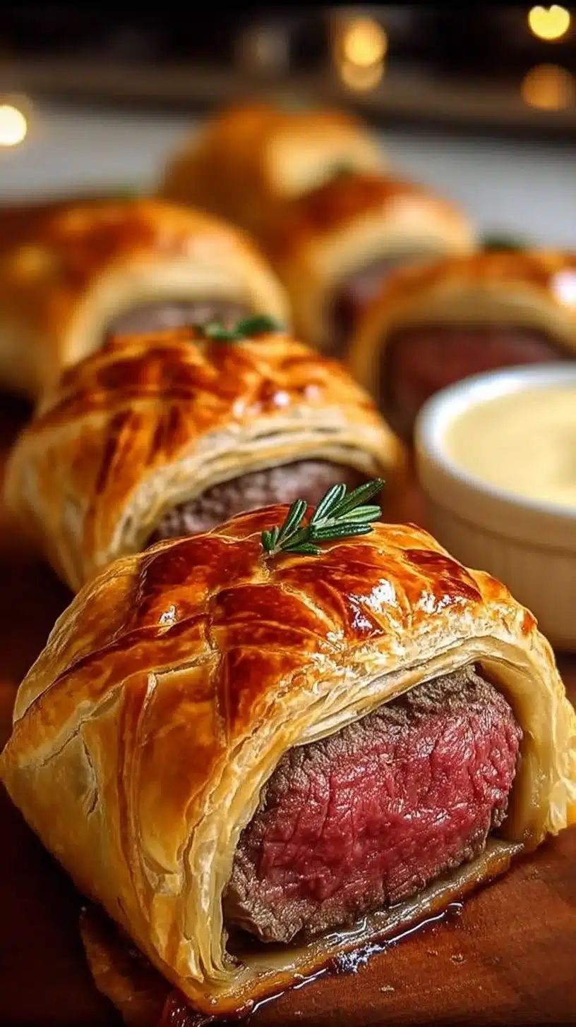 Mini Beef Wellingtons Bites 1 Mini Beef Wellingtons bites served on a platter as an elegant appetizer