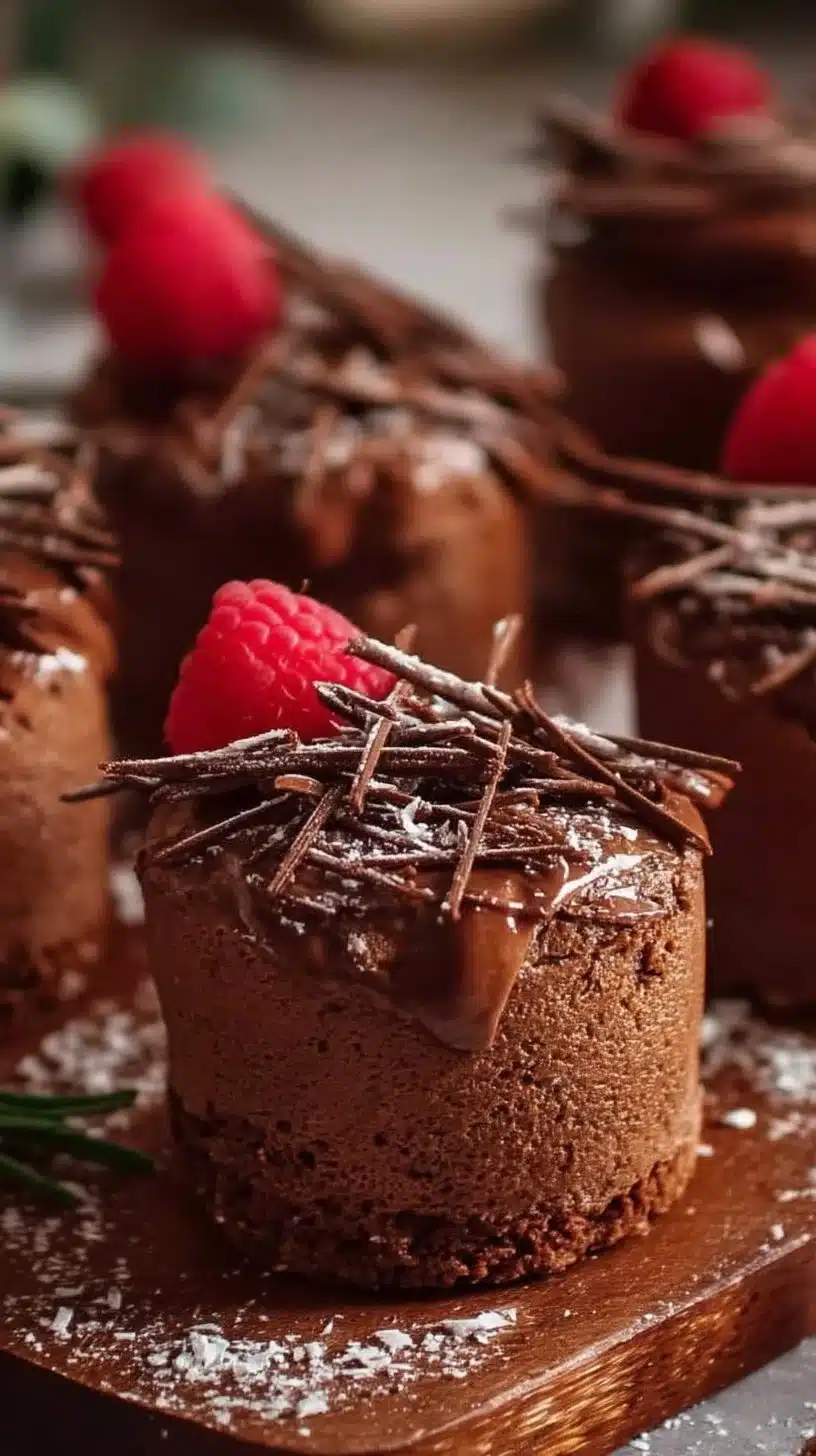 Mini Chocolate Cakes 1 Delicious mini chocolate cakes decorated with frosting and sprinkles.