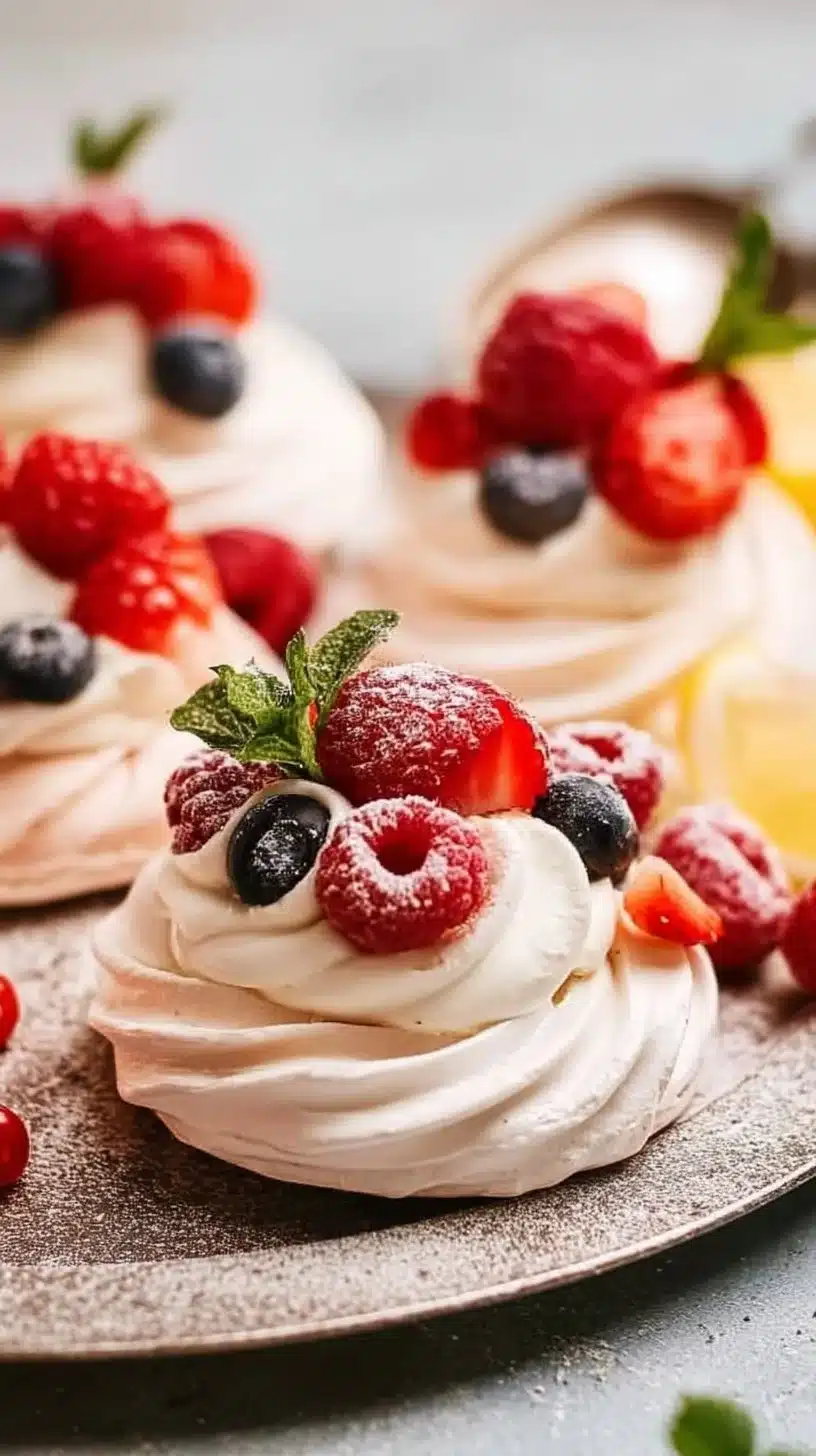 Mini Pavlovas 1 A plate of delicious Mini Pavlovas topped with fresh berries and whipped cream.