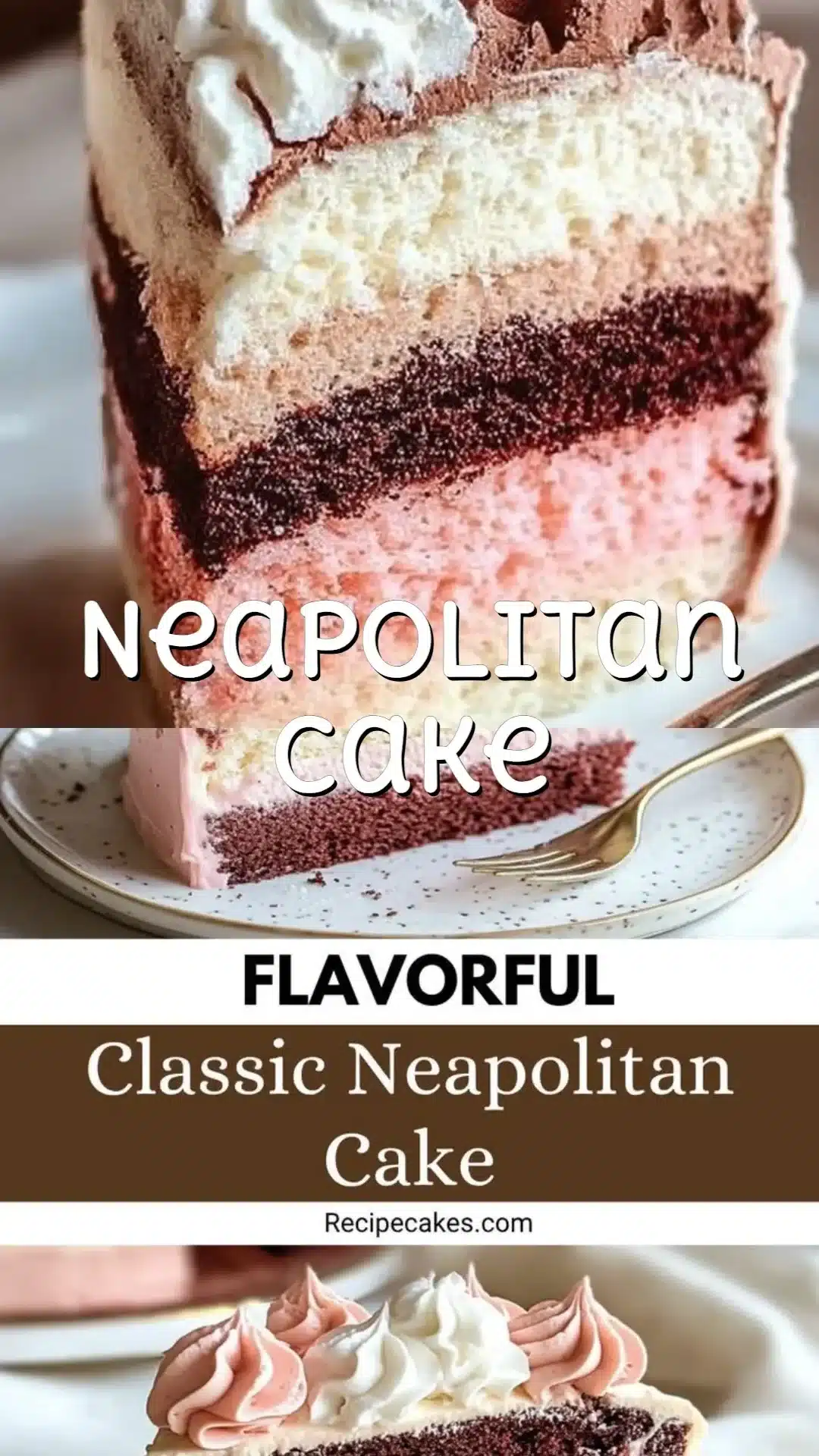 Neapolitan Cake 1 Slice of Neapolitan Cake featuring chocolate, vanilla, and strawberry layers