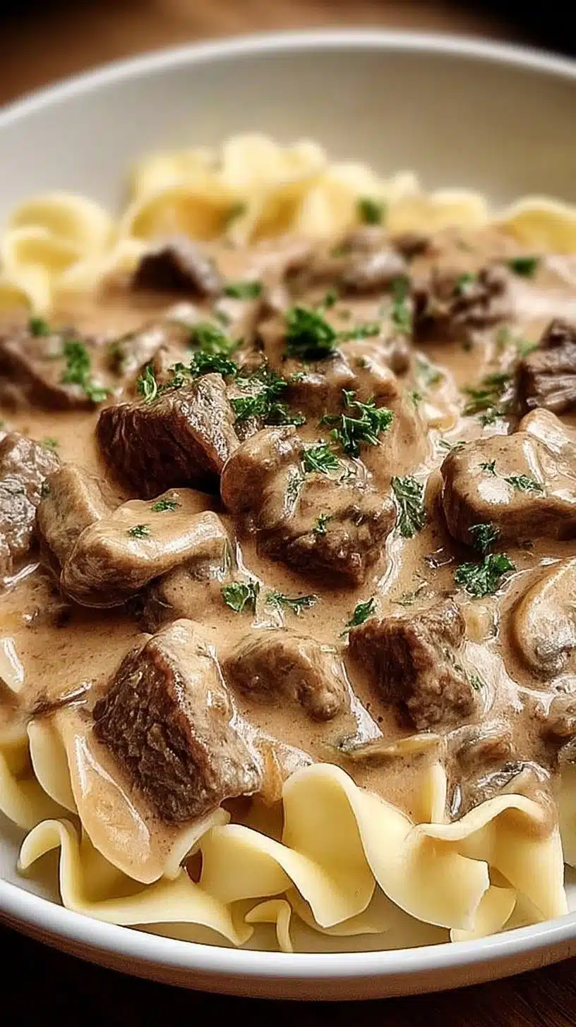 Old Fashioned Beef Stroganoff Recipe 1 Delicious old fashioned beef stroganoff served on a plate with noodles and mushrooms.