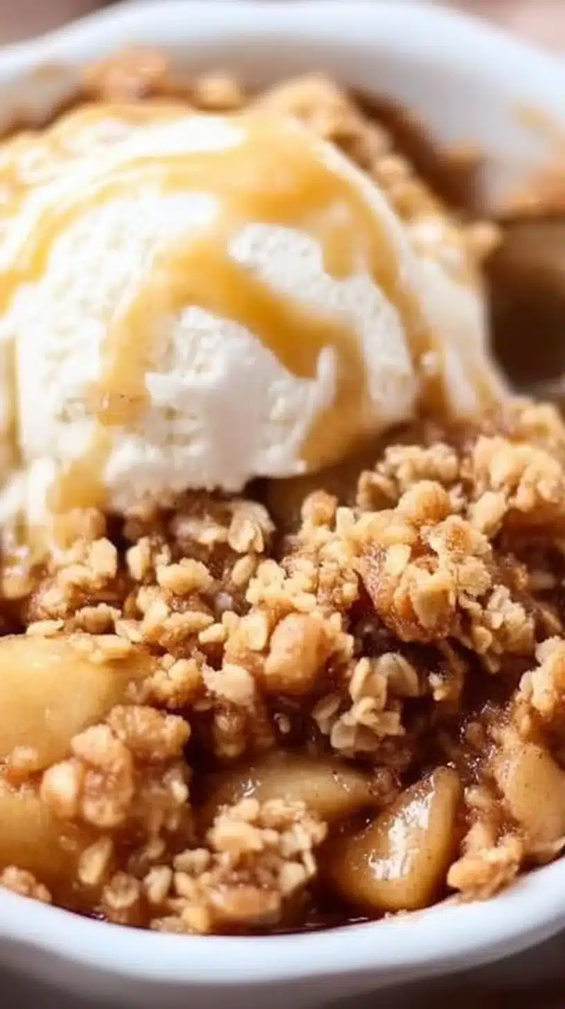 Old-Fashioned Easy Apple Crisp 1 Old-Fashioned Easy Apple Crisp dessert topped with oats and cinnamon