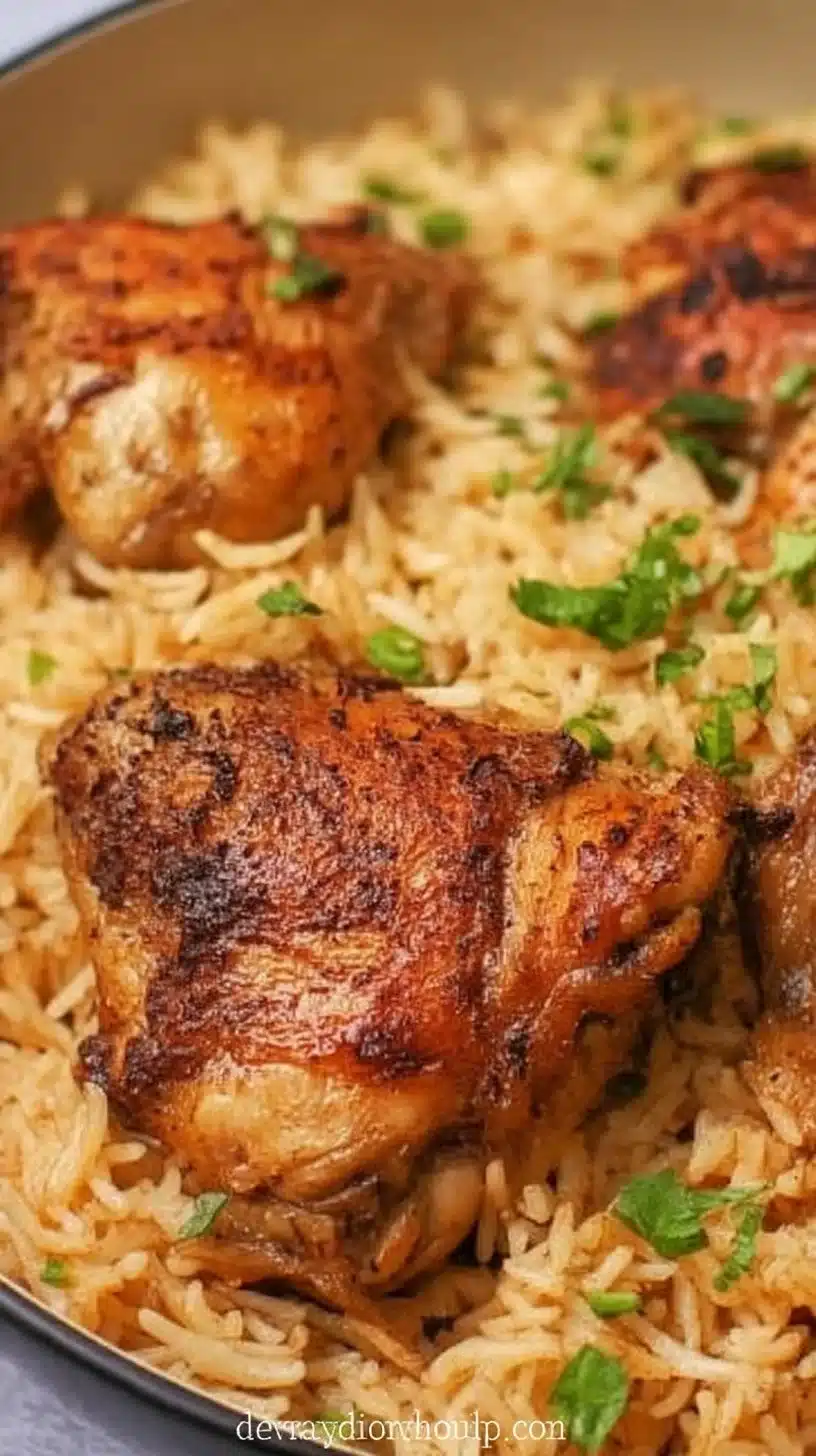 One Pot Chicken and Rice 1 Delicious one pot chicken and rice dish served in a skillet