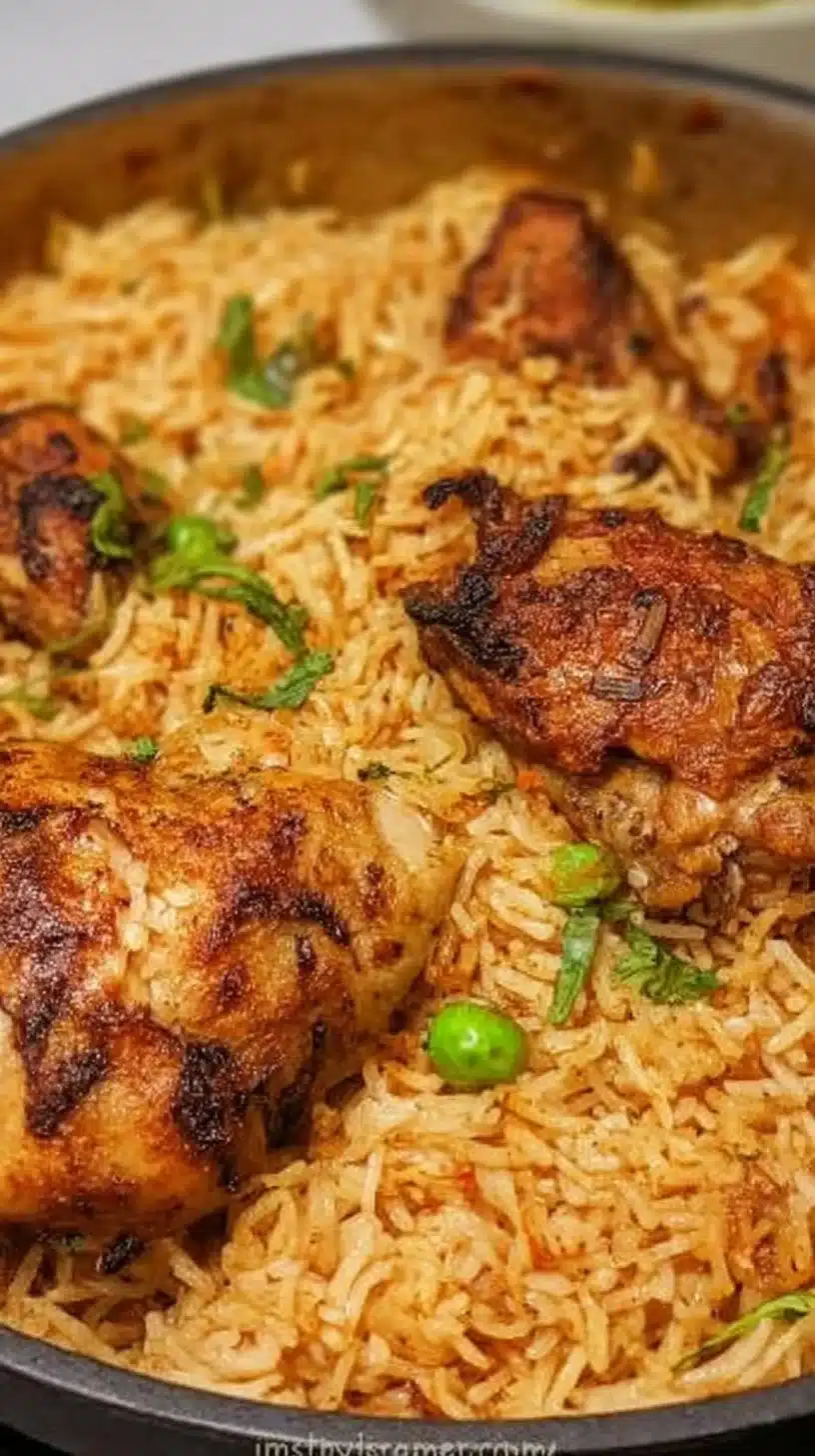 One Pot Chicken and Rice 1 One Pot Chicken and Rice dish with vibrant vegetables and herbs