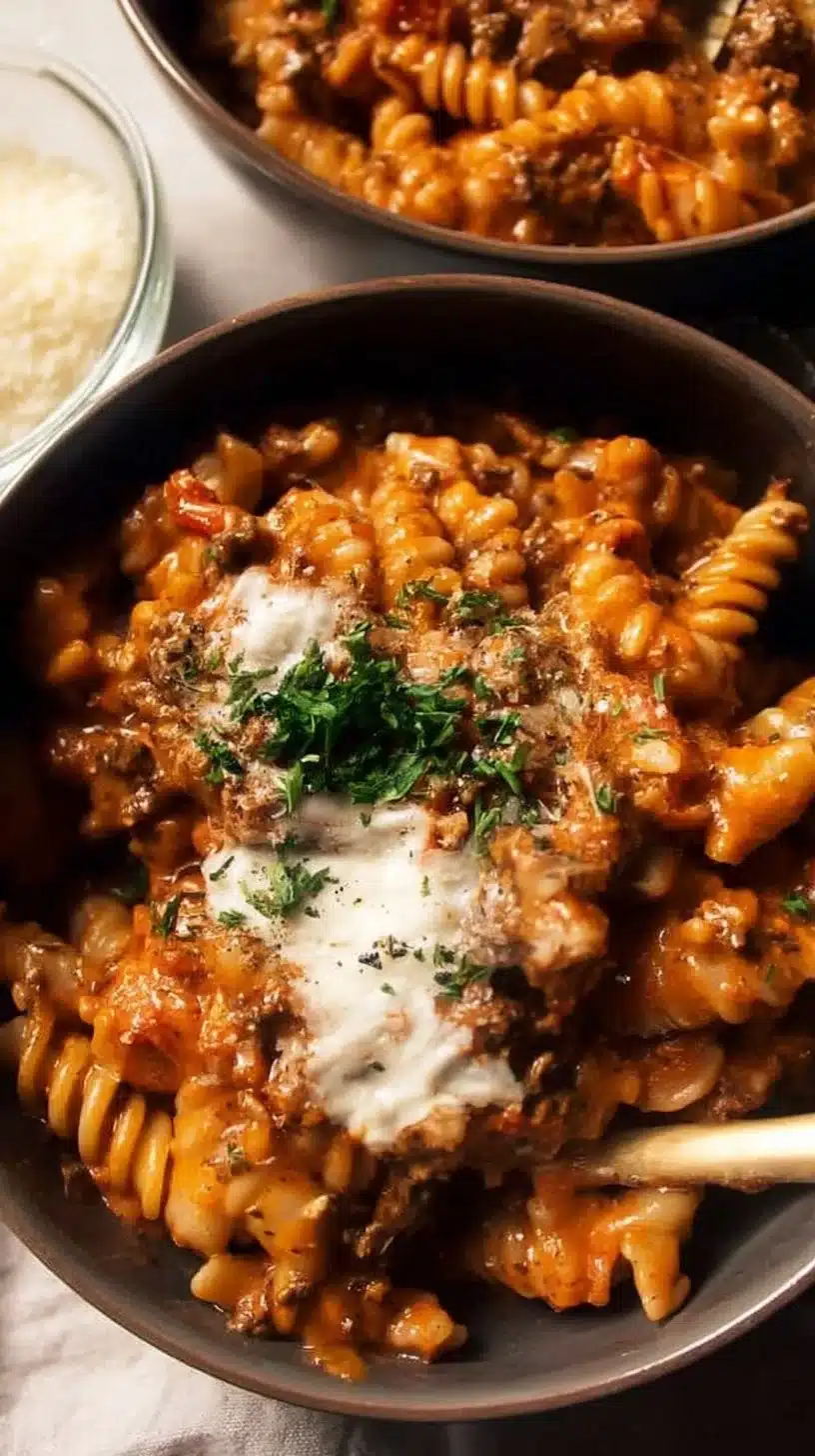 One Pot Creamy Tomato Beef Pasta 1 One Pot Creamy Tomato Beef Pasta served in a bowl