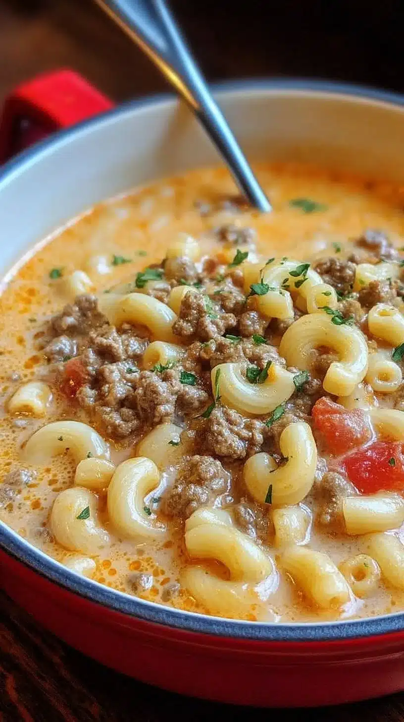 One-Pot Macaroni Cheeseburger Soup 1 Delicious one-pot macaroni cheeseburger soup served in a bowl