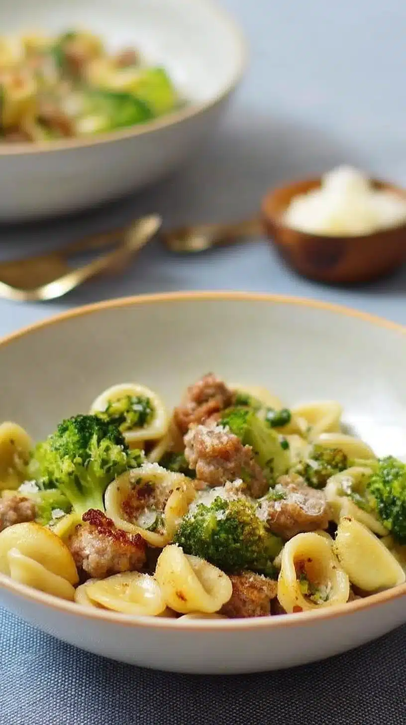 Orecchiette with Sausage and Broccoli 1 A plate of orecchiette pasta with sausage and broccoli, garnished with cheese.