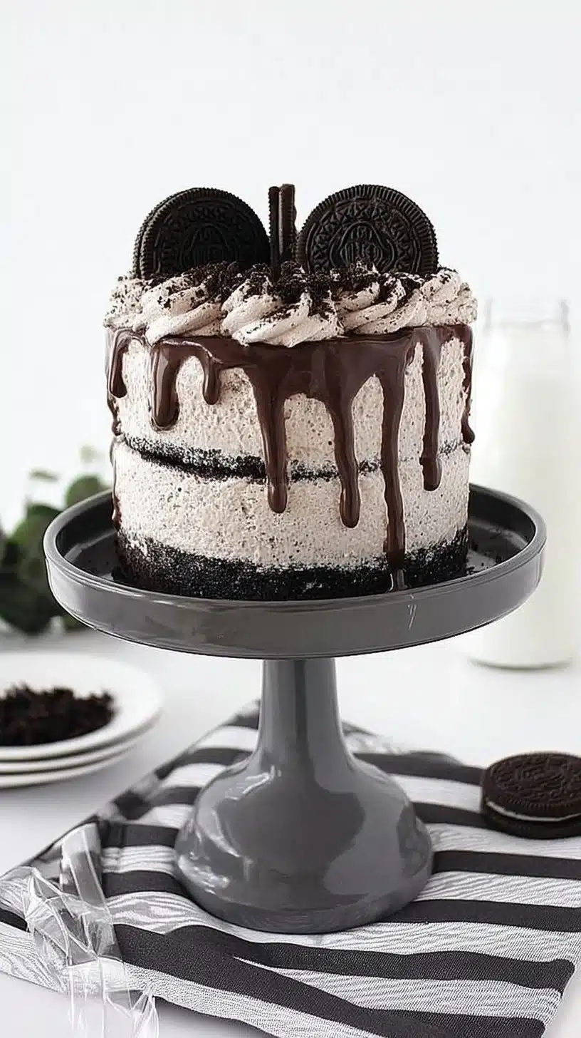 Oreo Cake Recipe 1 Delicious homemade Oreo cake served on a plate with Oreo cookies