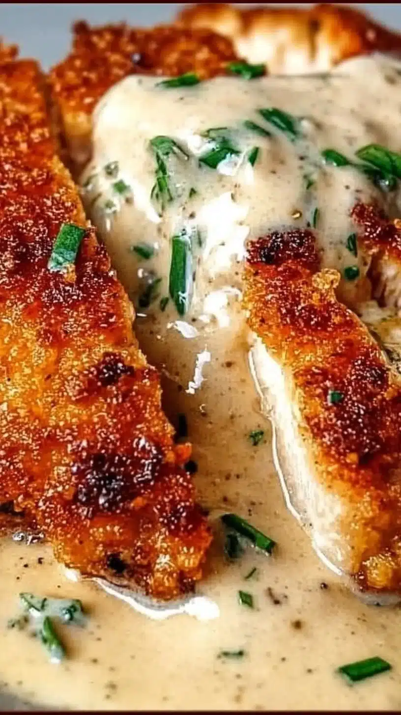 Parmesan Crusted Chicken with Creamy Garlic Sauce 1 Parmesan Crusted Chicken served with Creamy Garlic Sauce on a plate