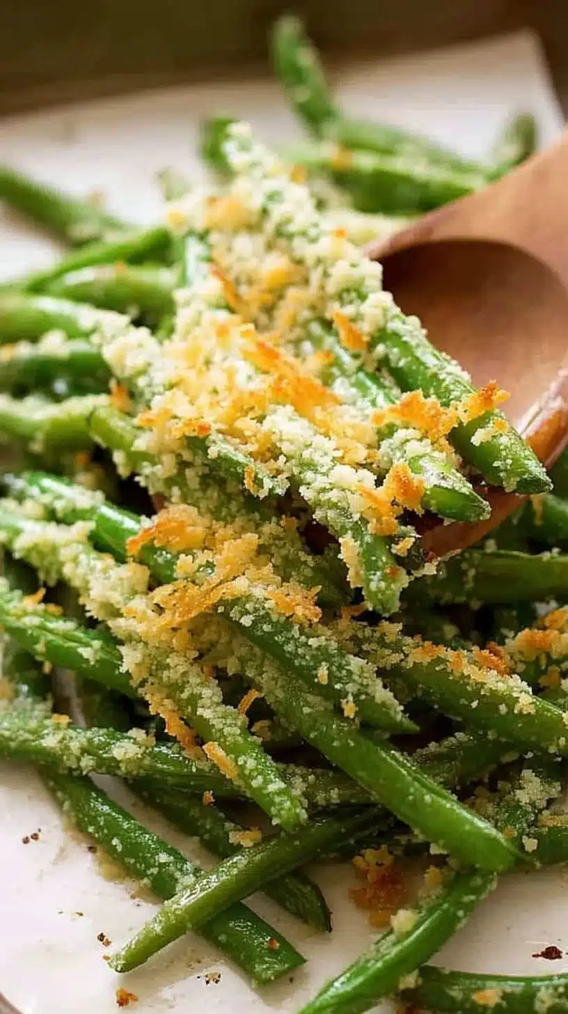Parmesan Roasted Green Beans 1 Dish of Parmesan roasted green beans garnished and ready to serve.