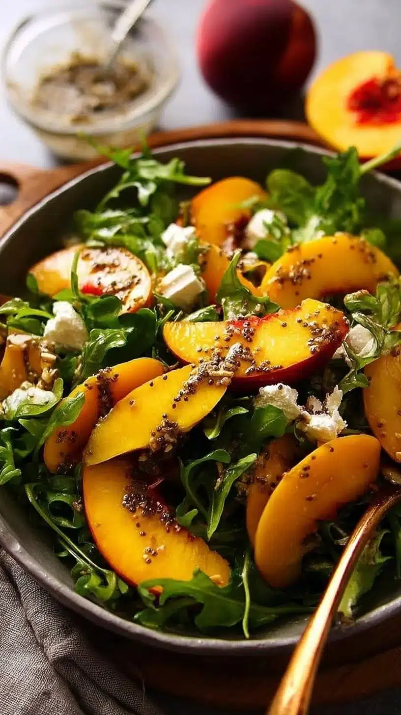 Peach Salad II with Orange Poppyseed Dressing 1 Peach Salad II topped with orange poppyseed dressing in a bowl