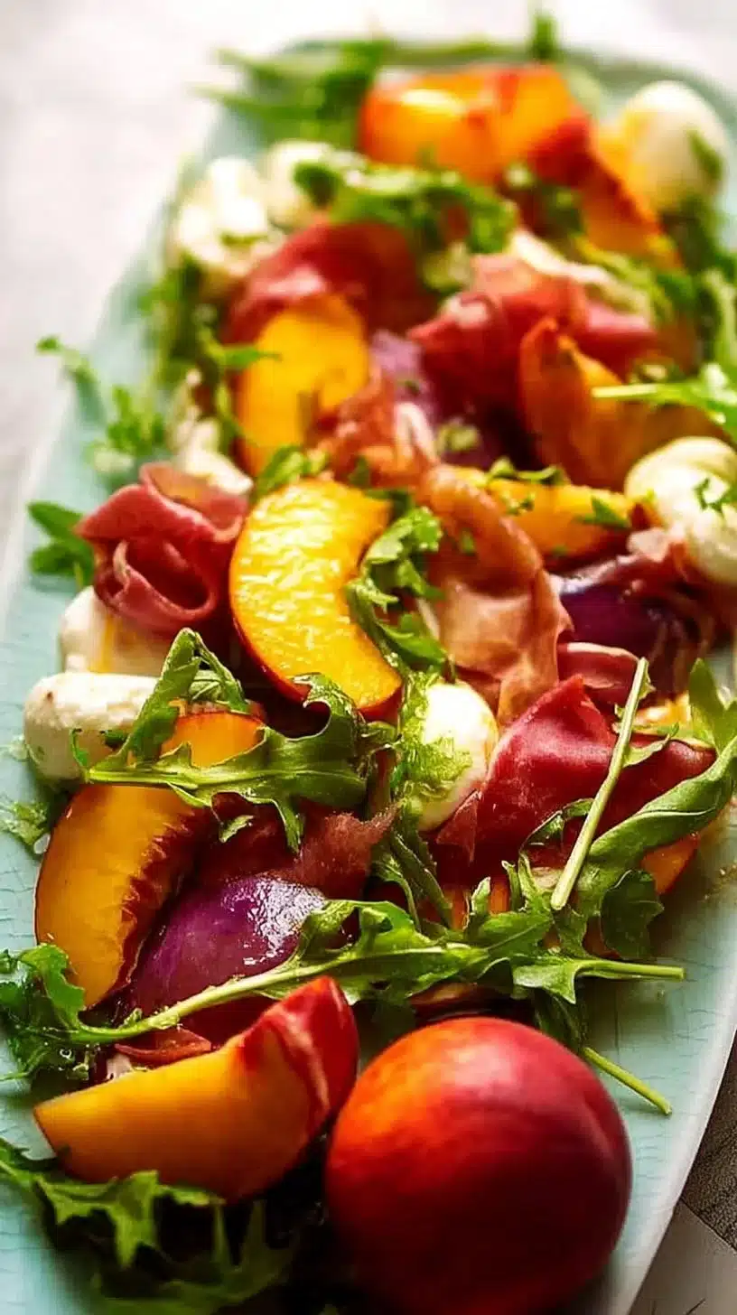 Peach Salad Recipe 1 Fresh peach salad with greens and nuts in a bowl