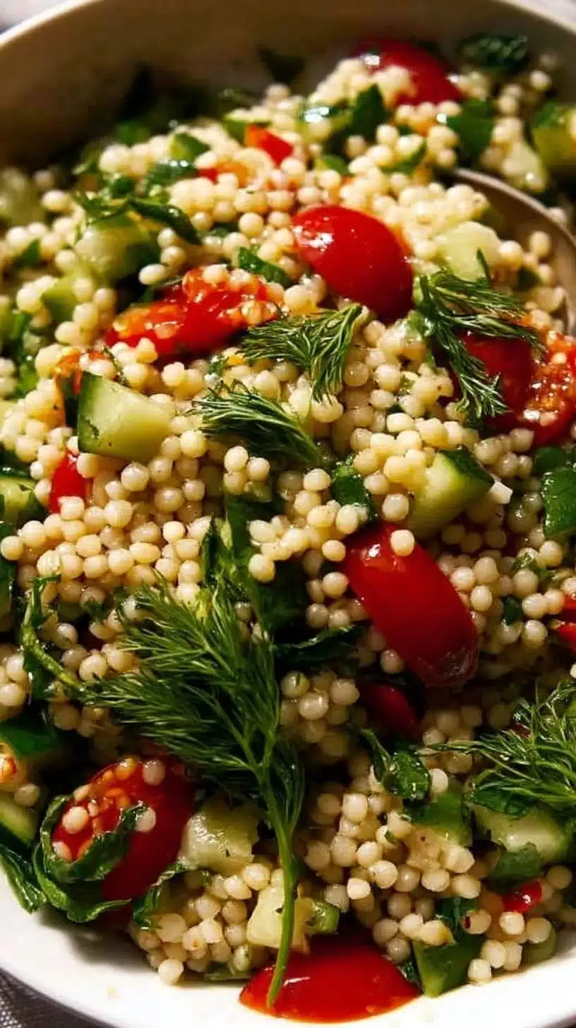 Pearl Couscous Salad 1 Colorful Pearl Couscous Salad with fresh vegetables and herbs