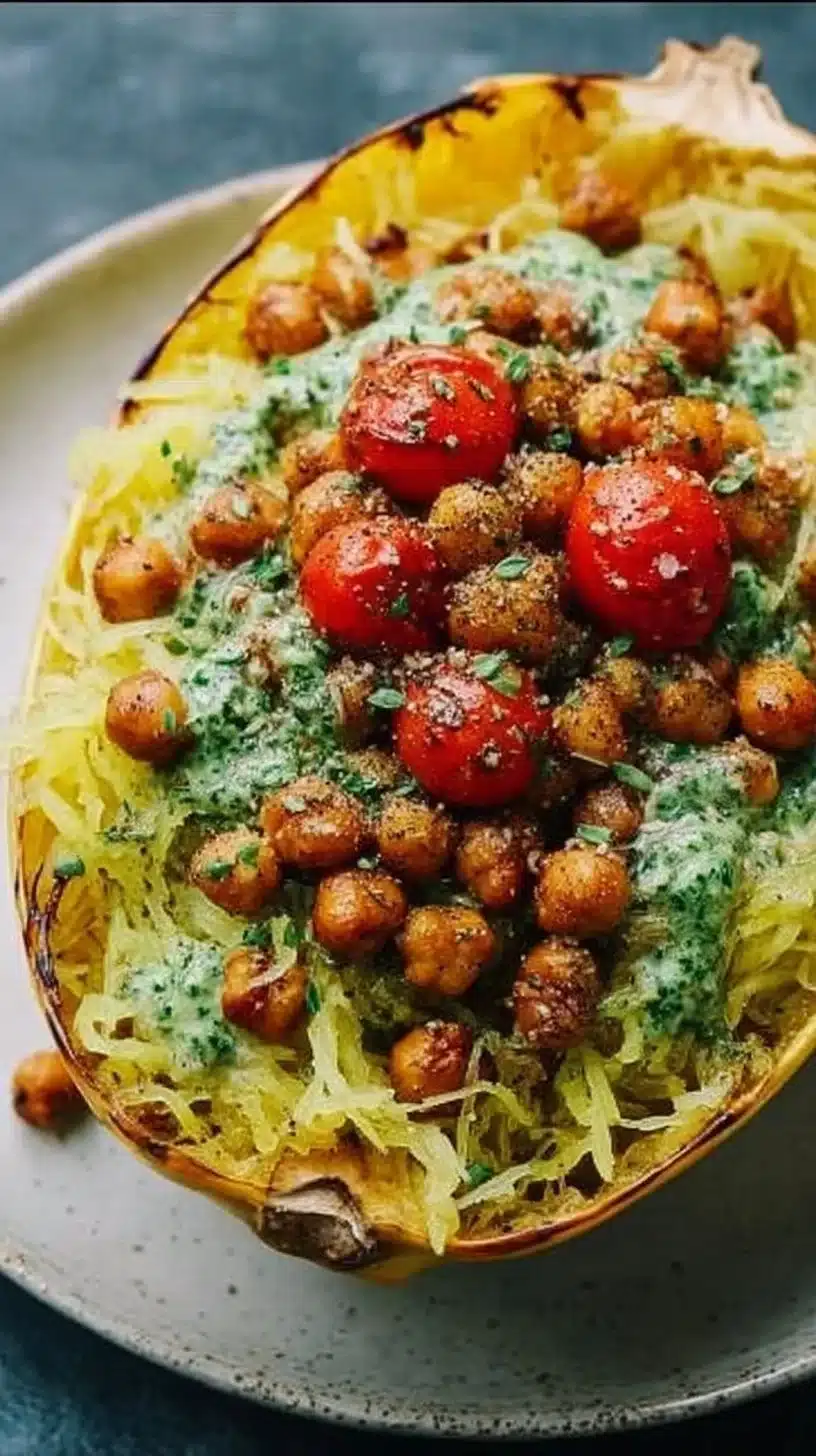 Pesto Spaghetti Squash with Spicy Roasted Chickpeas 1 Pesto spaghetti squash served with spicy roasted chickpeas
