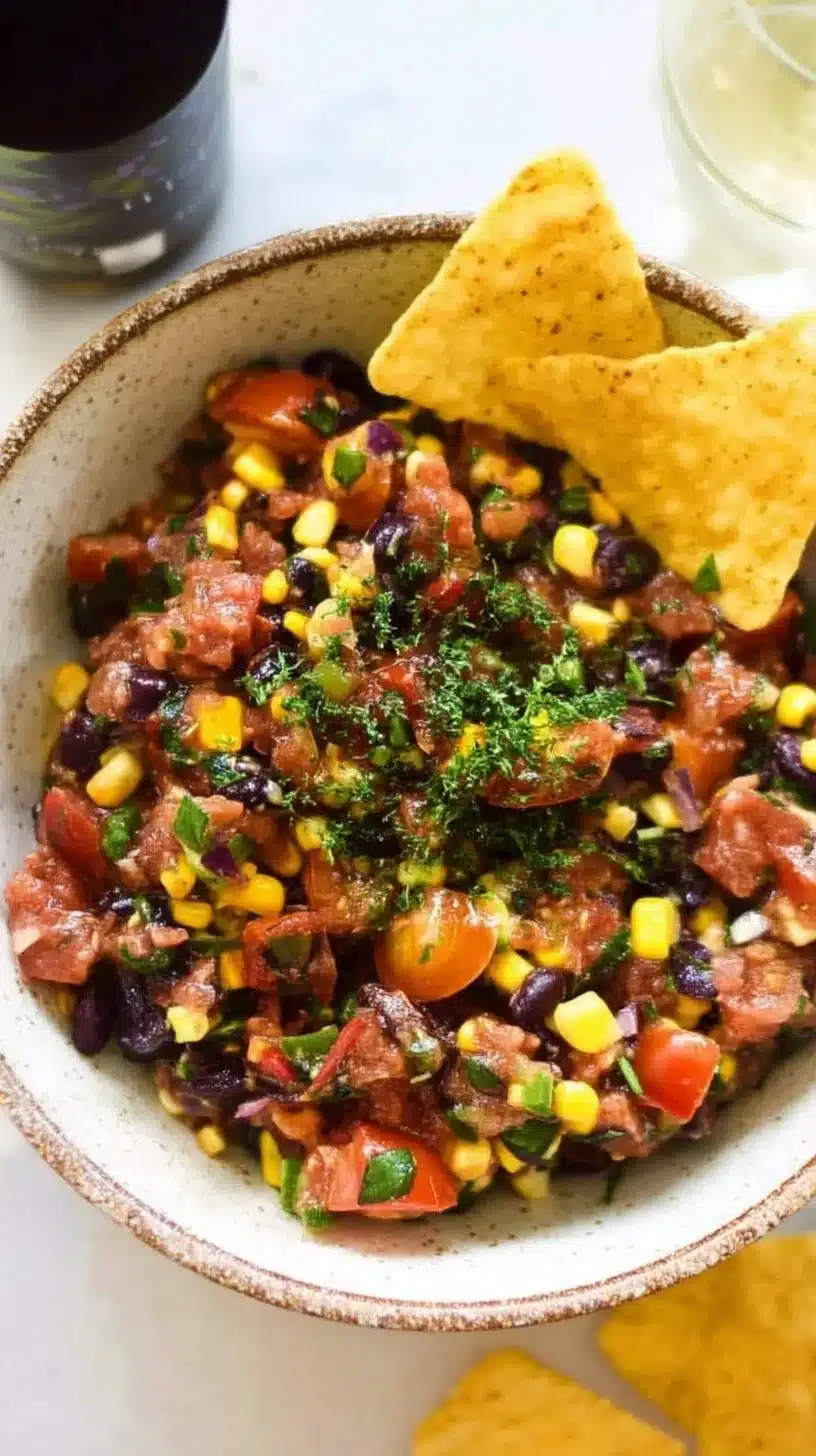 Pig Out Salsa (Chorizo, Black Bean and Corn Salsa) 1 Delicious Pig Out Salsa with chorizo, black beans, and corn served in a bowl.