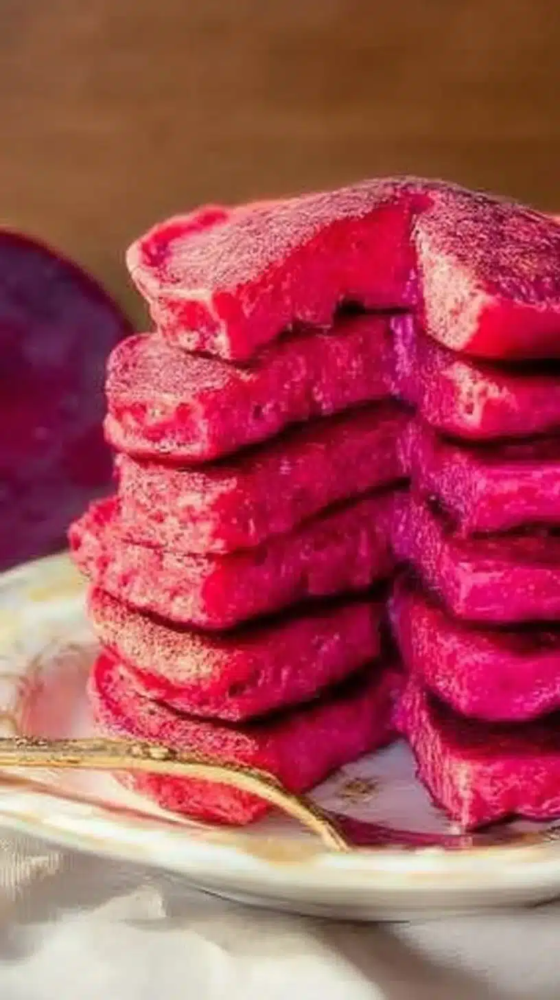 Pink Beet Pancakes 1 Delicious pink beet pancakes served on a plate with fresh berries and syrup