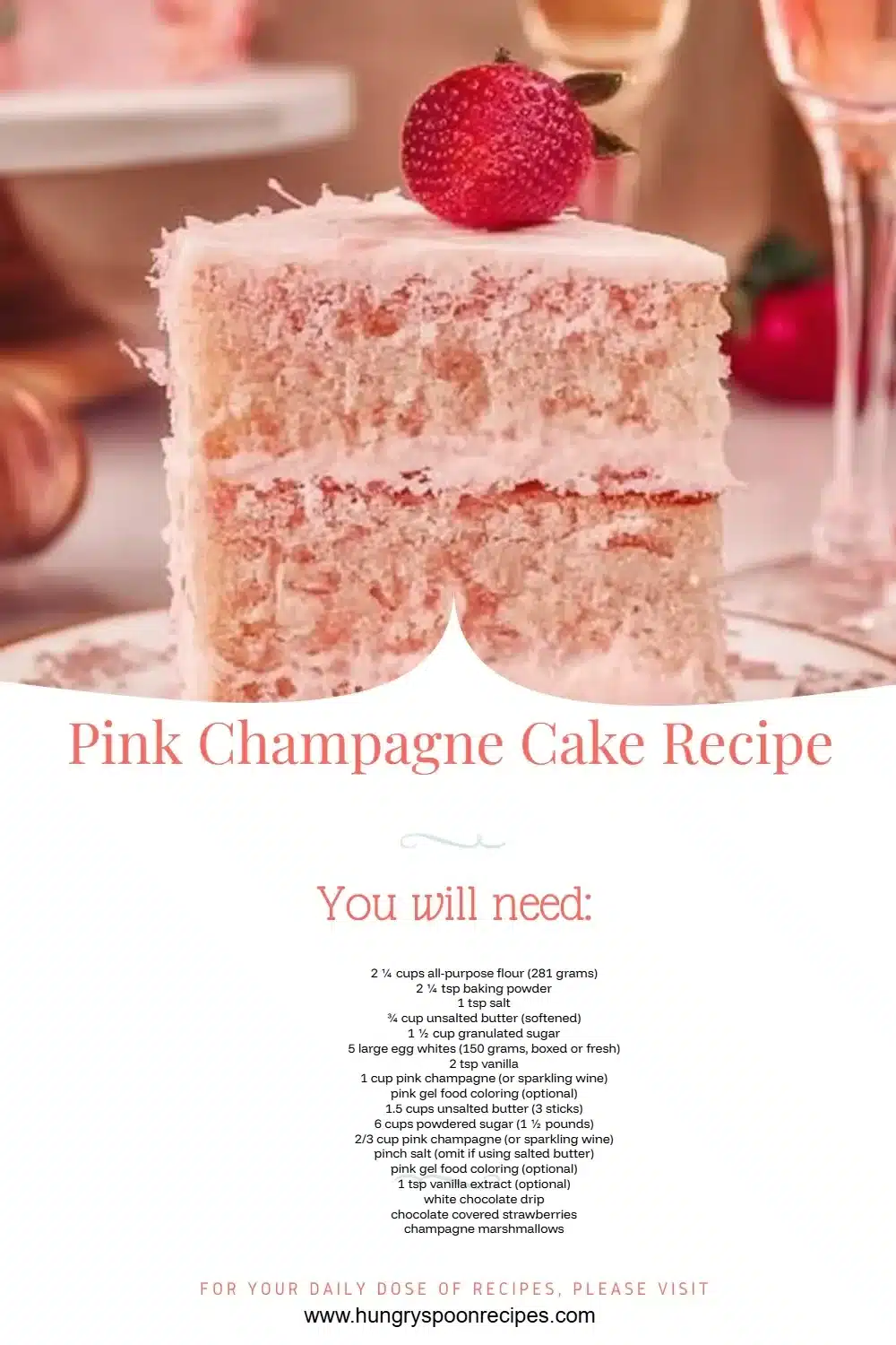 Pink Champagne Cake Recipe 1 Delicious Pink Champagne Cake topped with pink frosting and decorative sprinkles