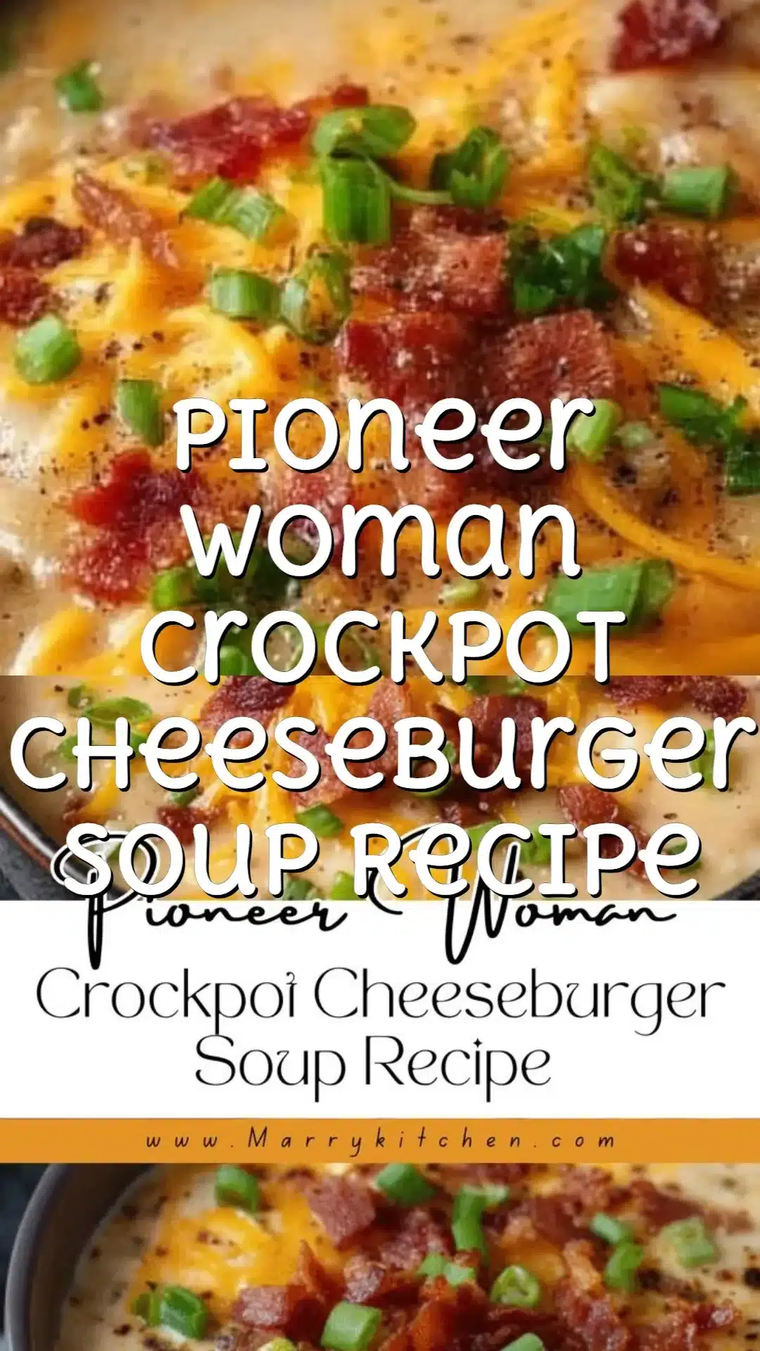 Pioneer Woman Crockpot Cheeseburger Soup Recipe 1 Bowls of Pioneer Woman Crockpot cheeseburger soup topped with cheese and herbs.