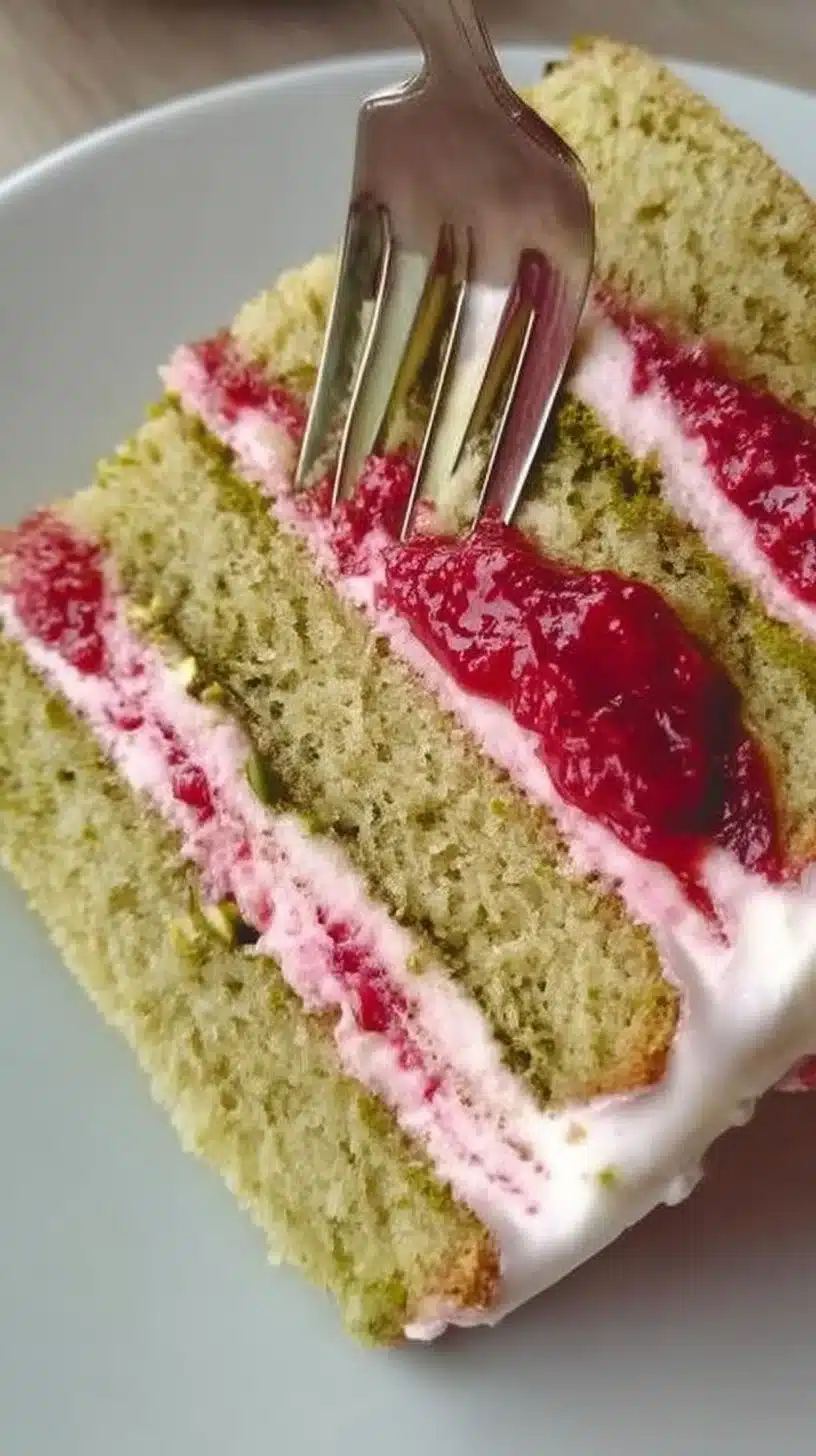 Pistachio Layer Cake with Raspberry Jam 1 Pistachio layer cake with raspberry jam layers and garnished with pistachios