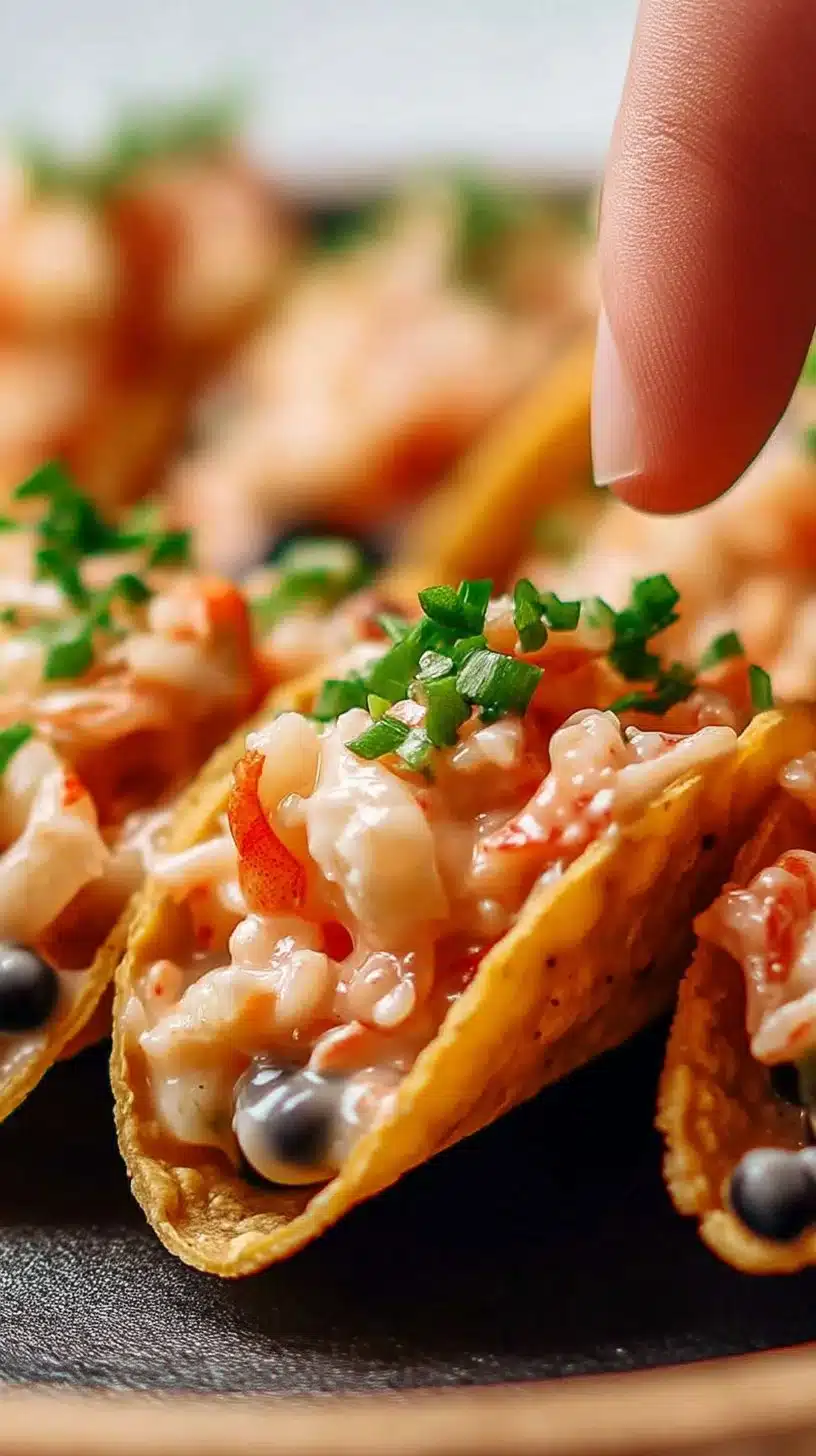 Prawn Cocktail Mini Tacos 1 Prawn cocktail mini tacos served on a plate with fresh ingredients.