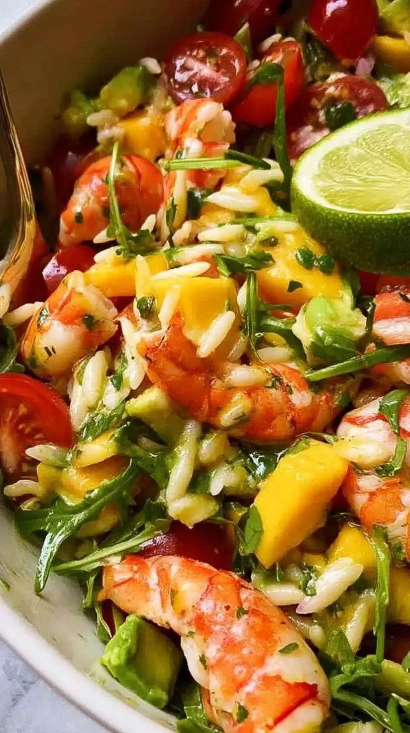 Prawn Mango Avocado Summer Salad with Lime Dressing 1 Prawn mango avocado salad with lime dressing served in a bowl.
