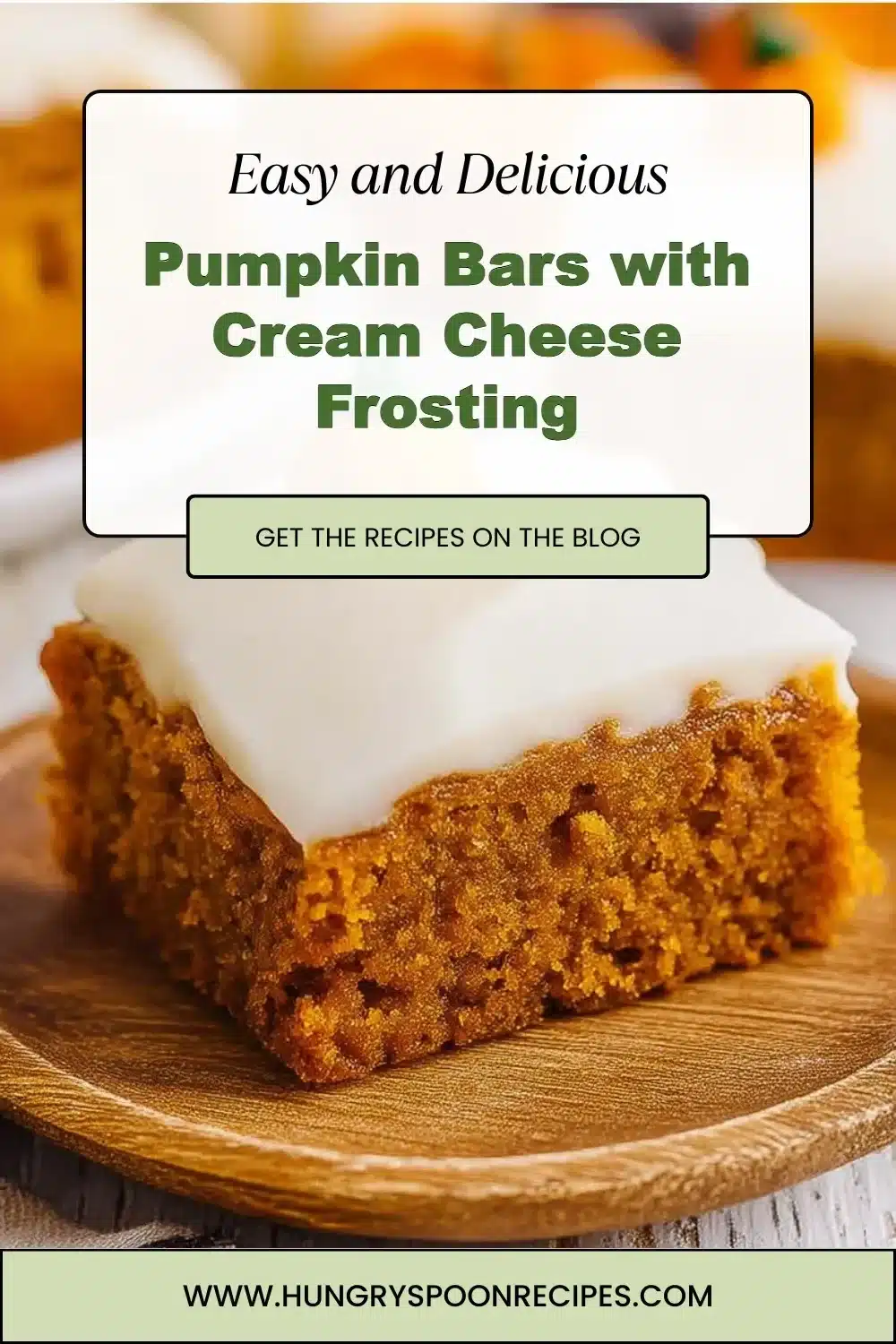 Pumpkin Bars with Cream Cheese Frosting 1 Delicious pumpkin bars topped with cream cheese frosting, perfect for fall snacks.