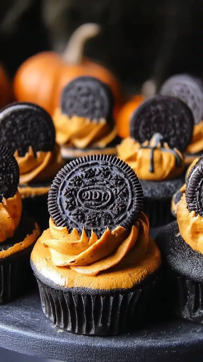 Pumpkin Oreo Cupcakes 1 Delicious Pumpkin Oreo Cupcakes topped with creamy frosting and Oreo cookie pieces