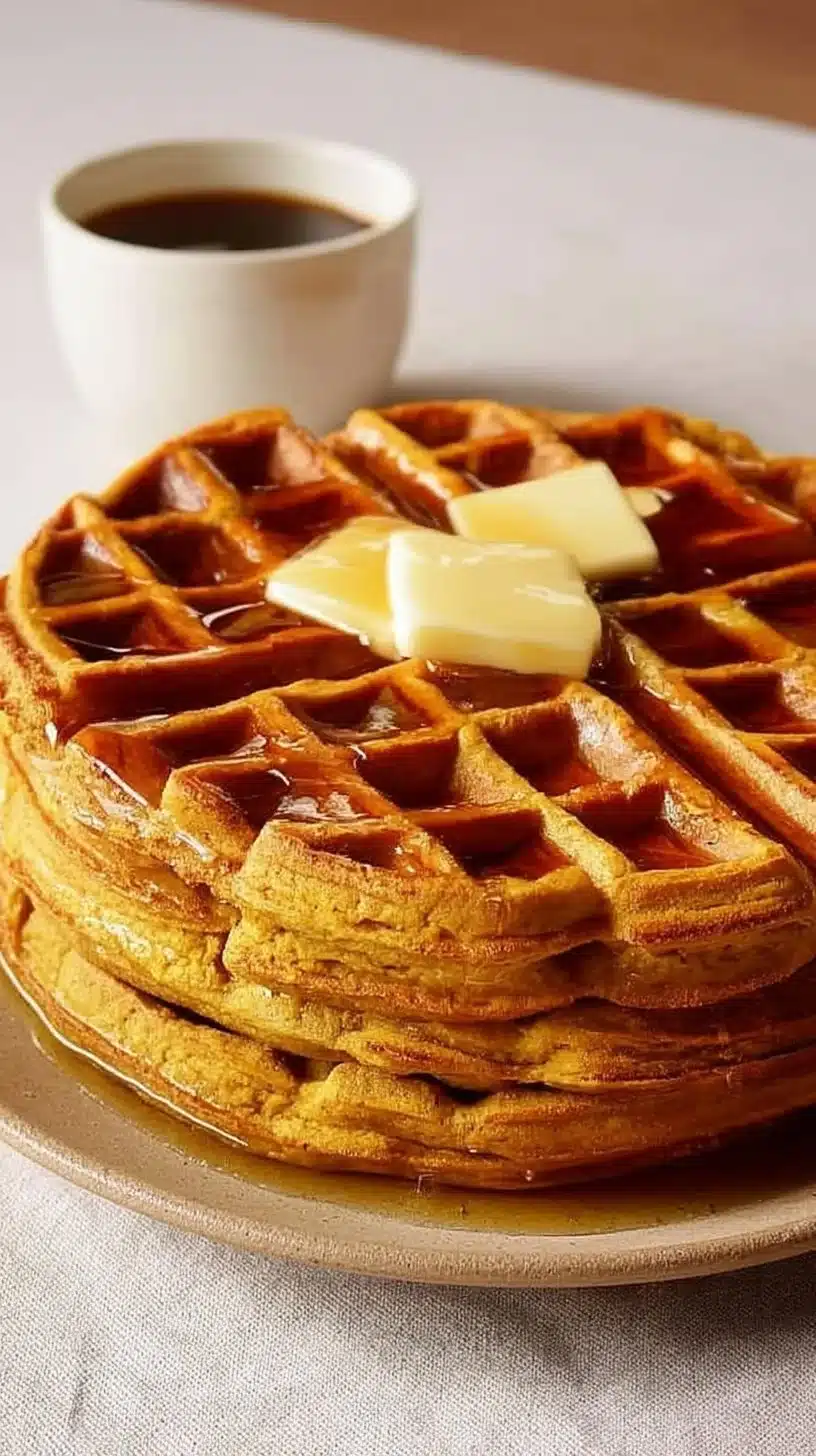 Pumpkin Waffles 1 Fluffy pumpkin waffles topped with syrup and whipped cream