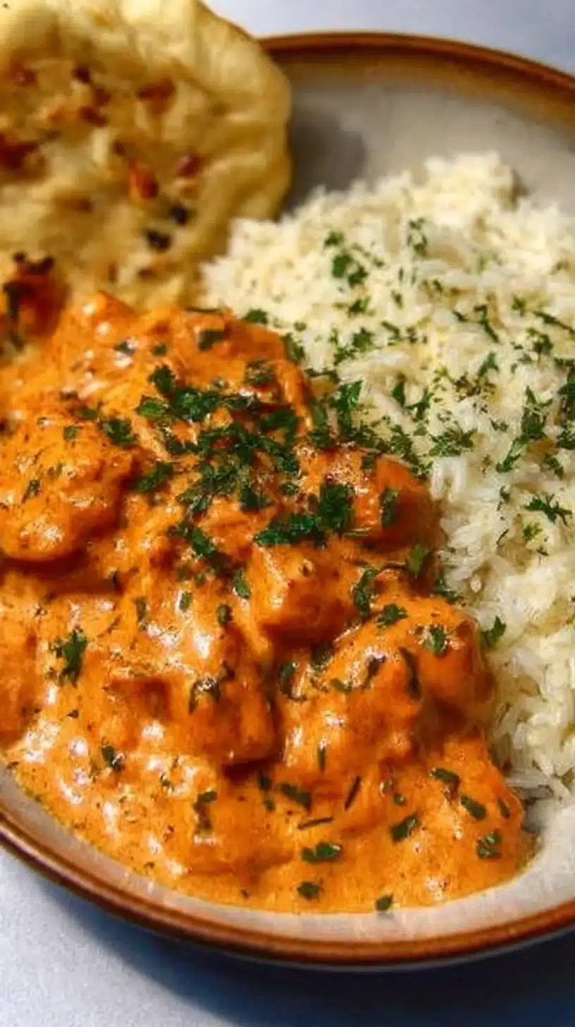 Quick & Easy Homemade Butter Chicken Recipe 1 Delicious homemade butter chicken served with rice and naan.