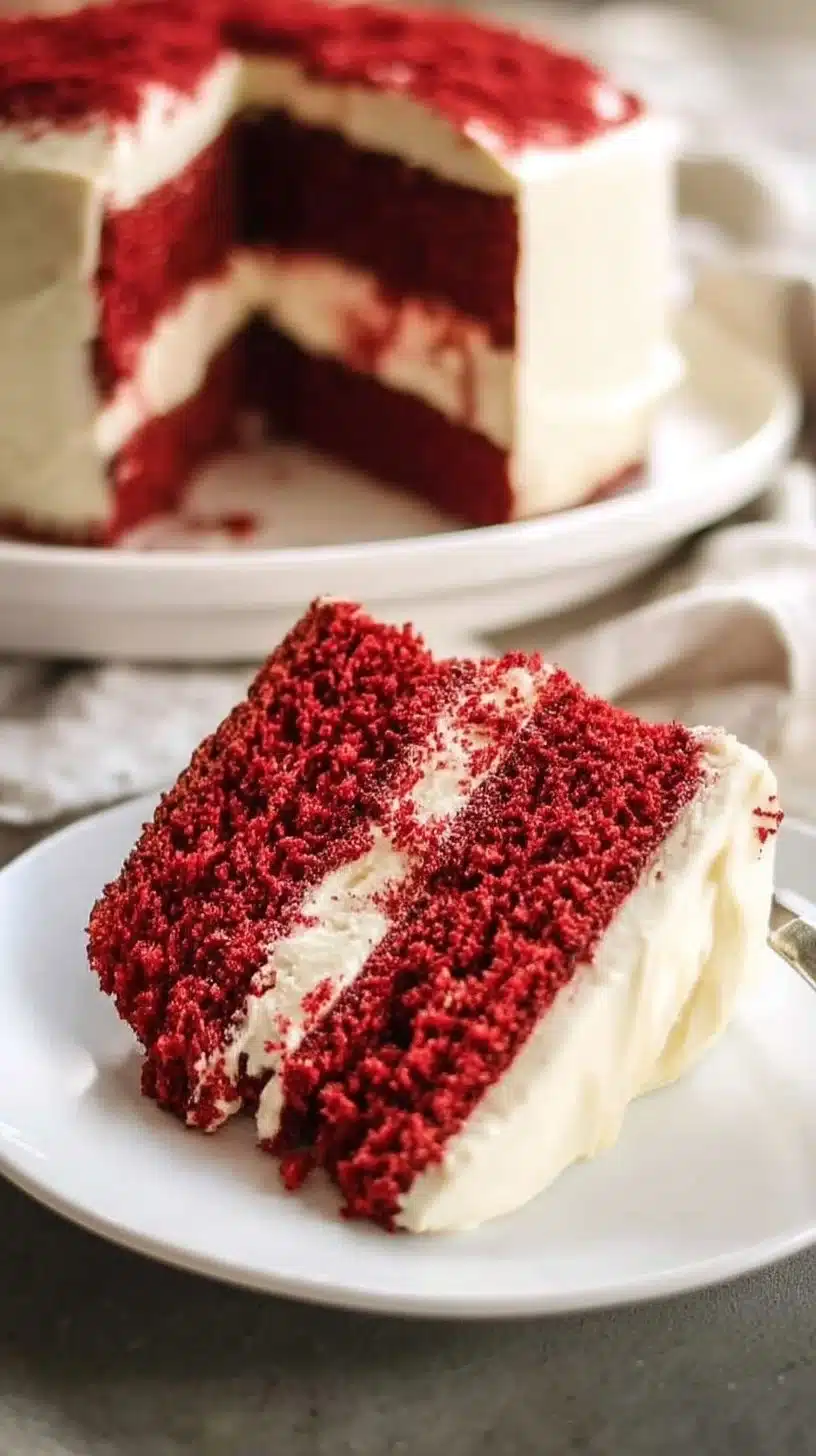 Red Velvet Cake Recipe 1 Slice of red velvet cake topped with cream cheese frosting