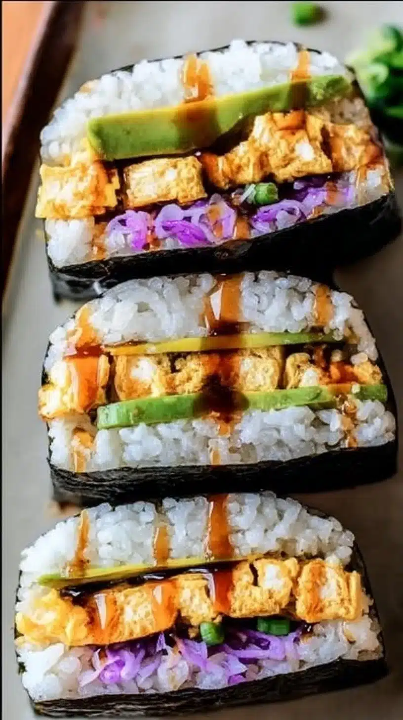 Rice Sandwich Onigirazu 1 Rice Sandwich Onigirazu filled with fresh ingredients and wrapped in sushi rice