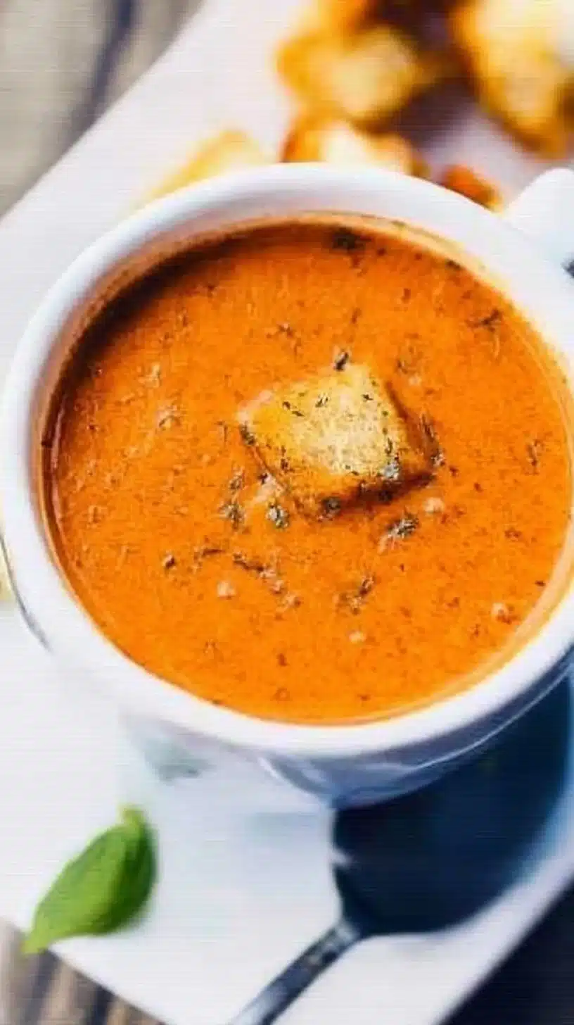 Roasted Tomato Basil Soup 1 Bowl of delicious roasted tomato basil soup garnished with fresh basil leaves