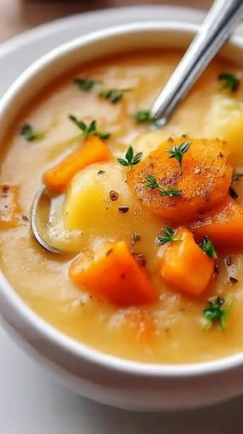 Roasted Vegetable Soup 1 Bowl of roasted vegetable soup garnished with fresh herbs